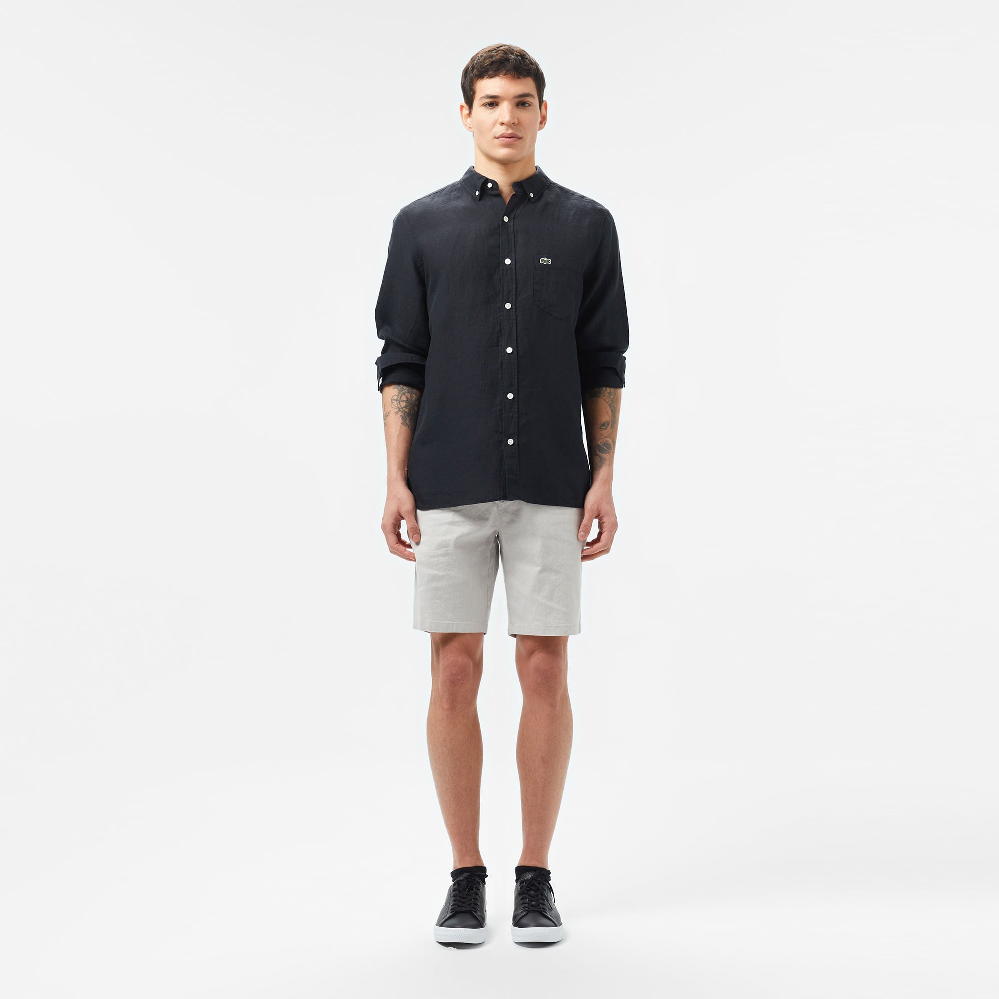 Erkek Regular Fit Düğmeli Yaka Keten Siyah Gömlek