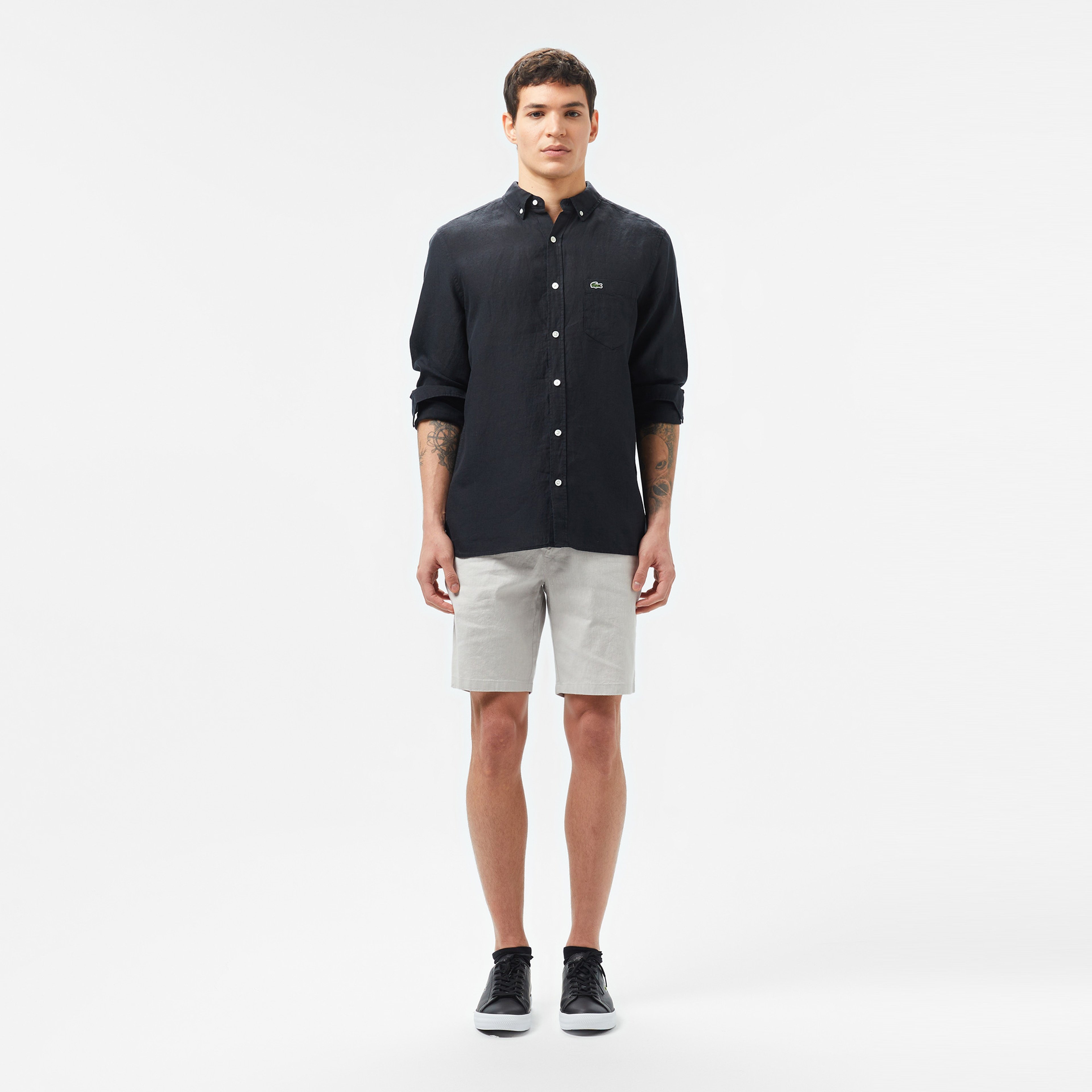 Erkek Regular Fit Düğmeli Yaka Keten Siyah Gömlek