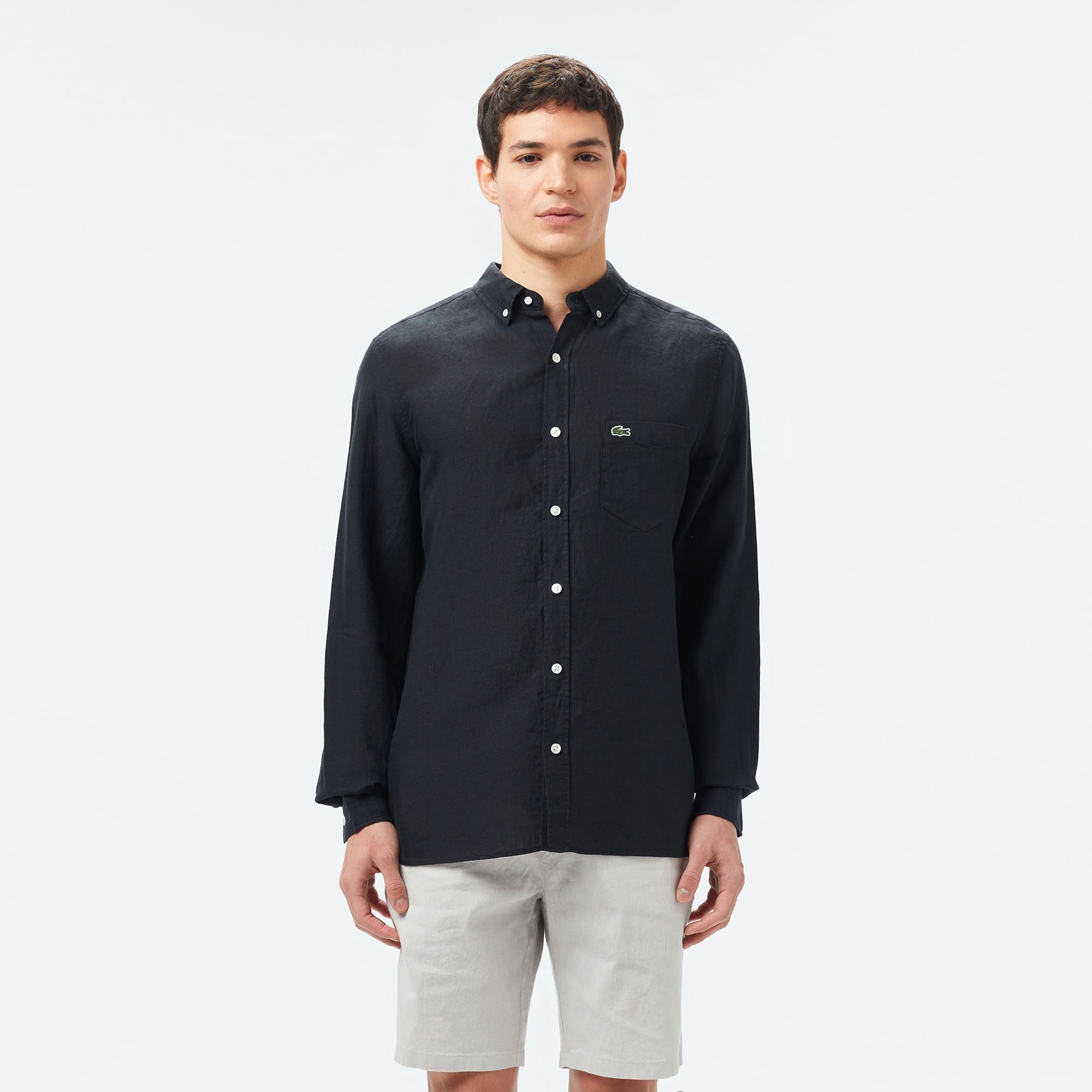 Erkek Regular Fit Düğmeli Yaka Keten Siyah Gömlek