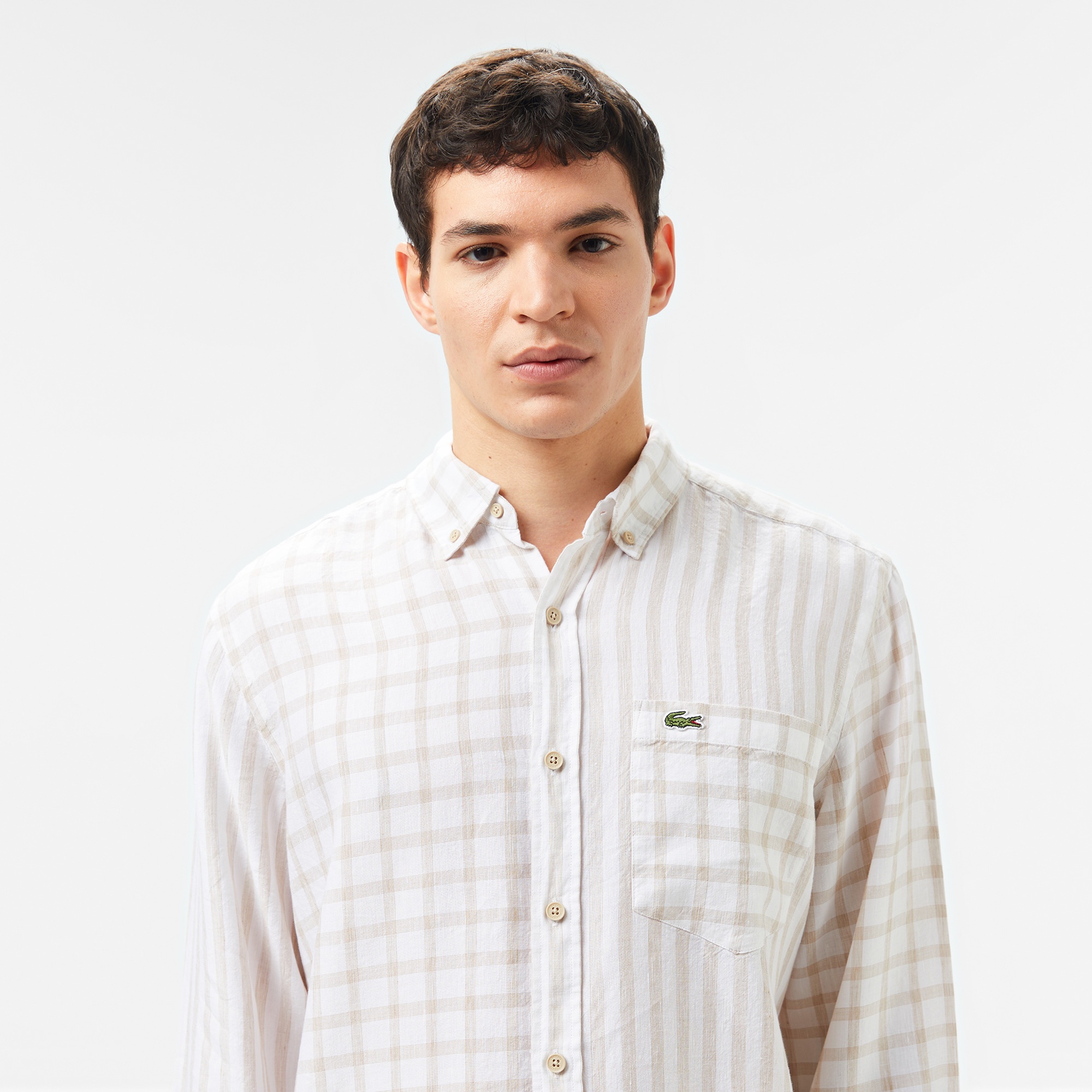 Lacoste Erkek Regular Fit Düğmeli Yaka Ekose Keten Bej Gömlek
