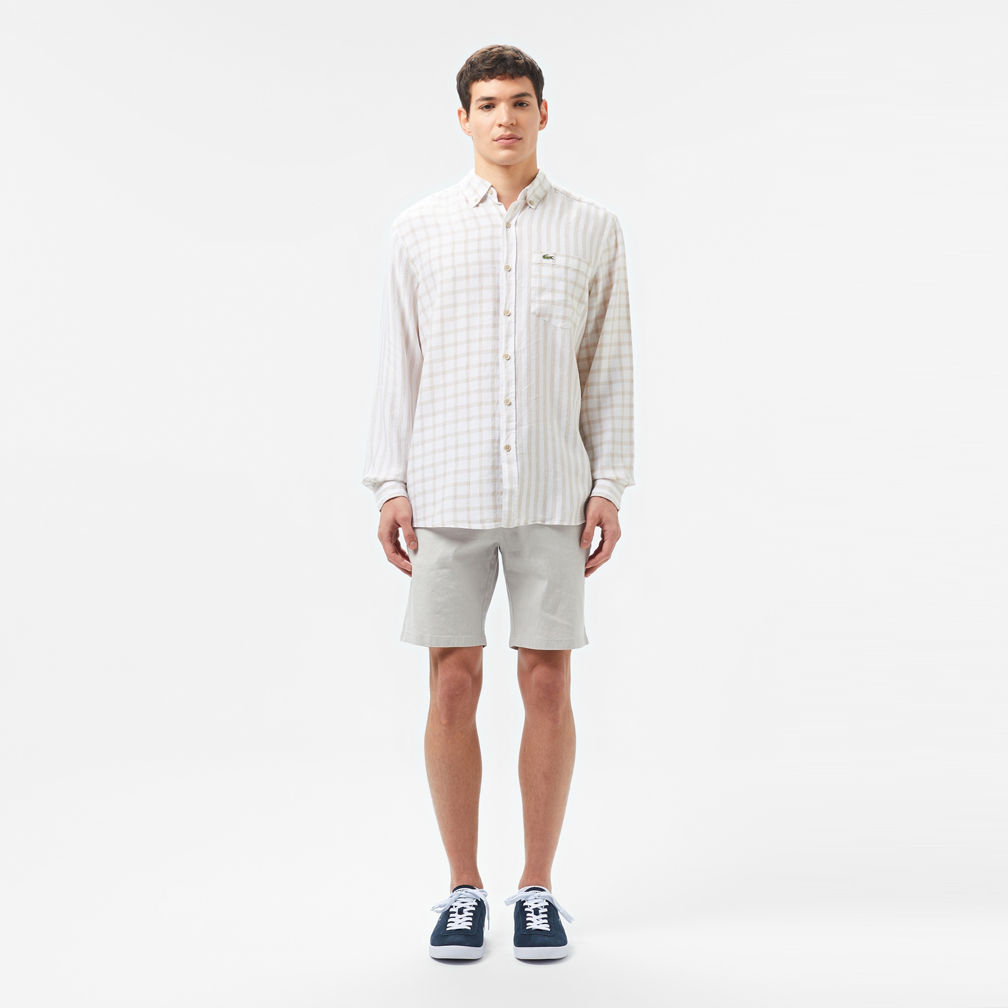 Lacoste Erkek Regular Fit Düğmeli Yaka Ekose Keten Bej Gömlek