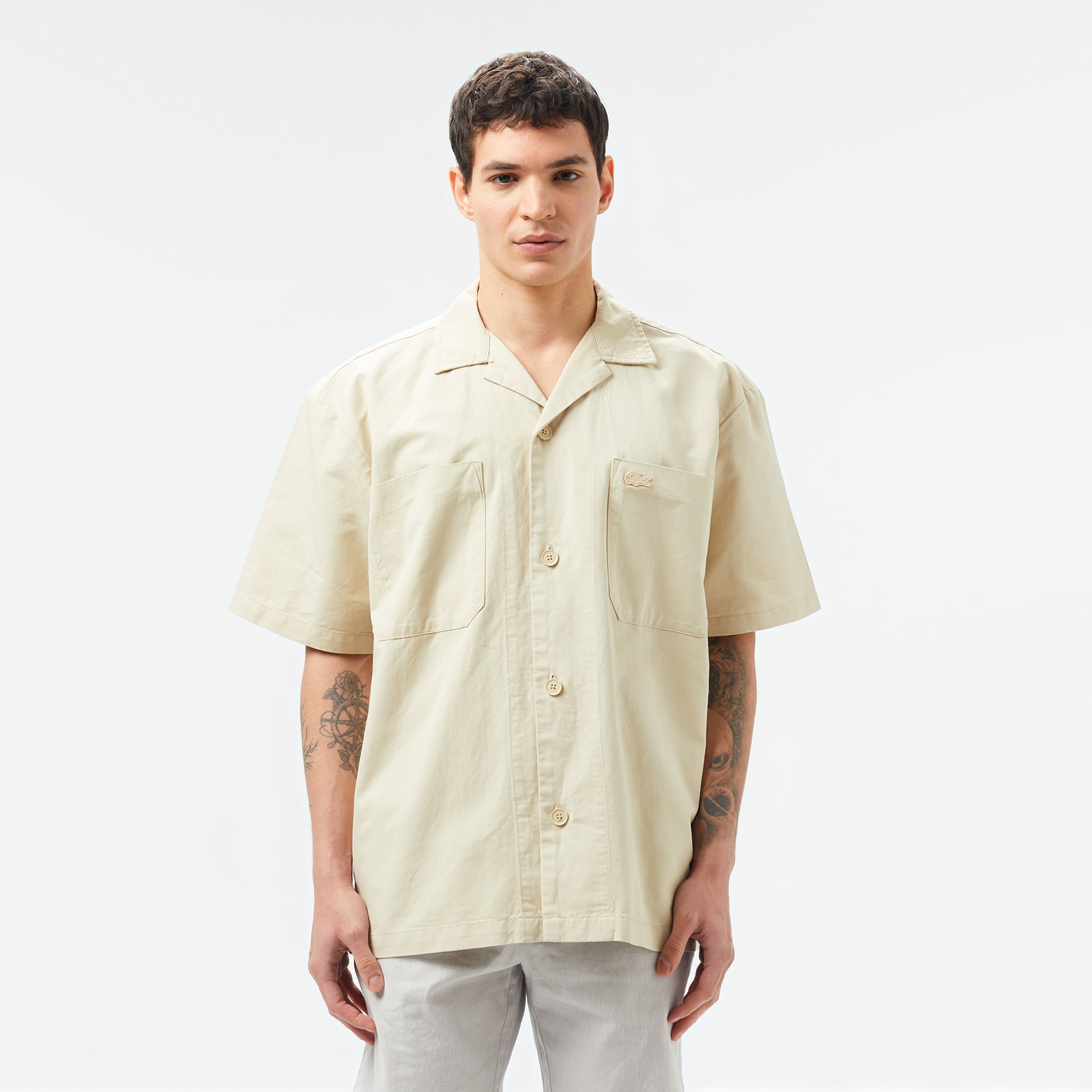 Lacoste Erkek Relaxed Fit Kısa Kollu Bej Gömlek