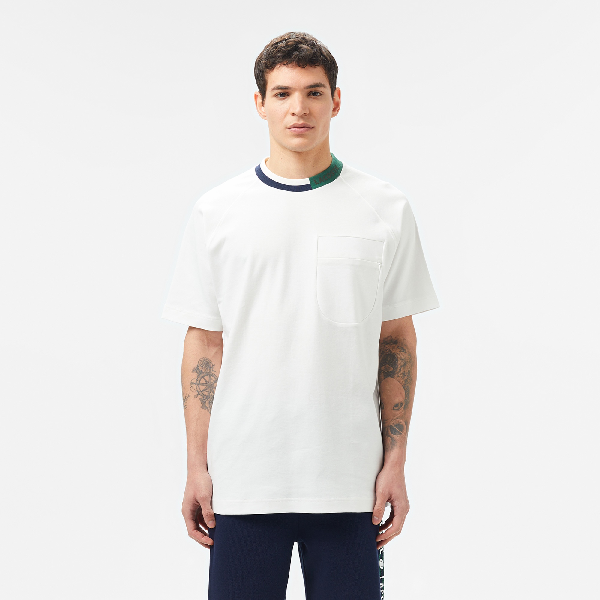Lacoste Erkek Bisiklet Yaka Beyaz Cepli T-Shirt