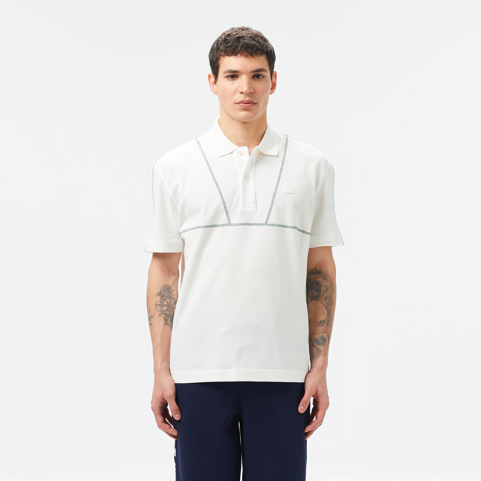 Lacoste Erkek Loose Fit Desenli Beyaz Polo