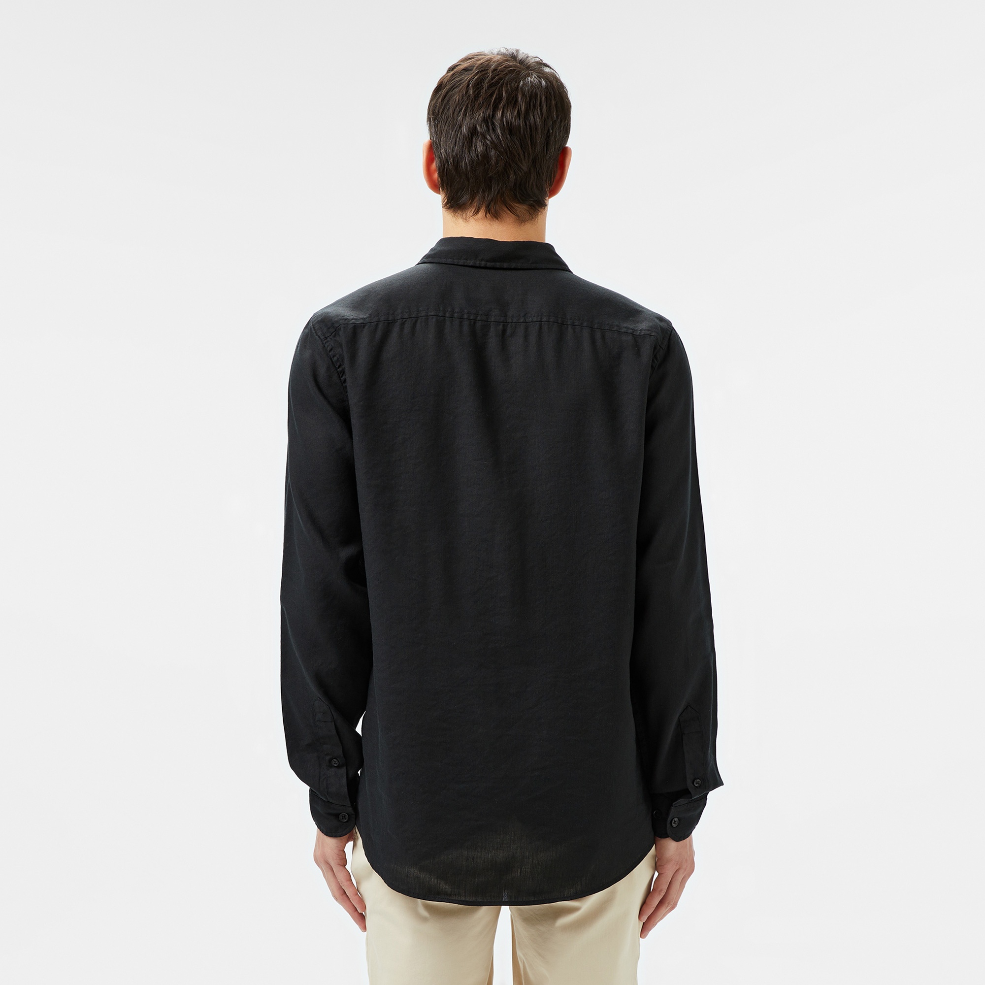 Erkek Slim Fit Keten Siyah Gömlek