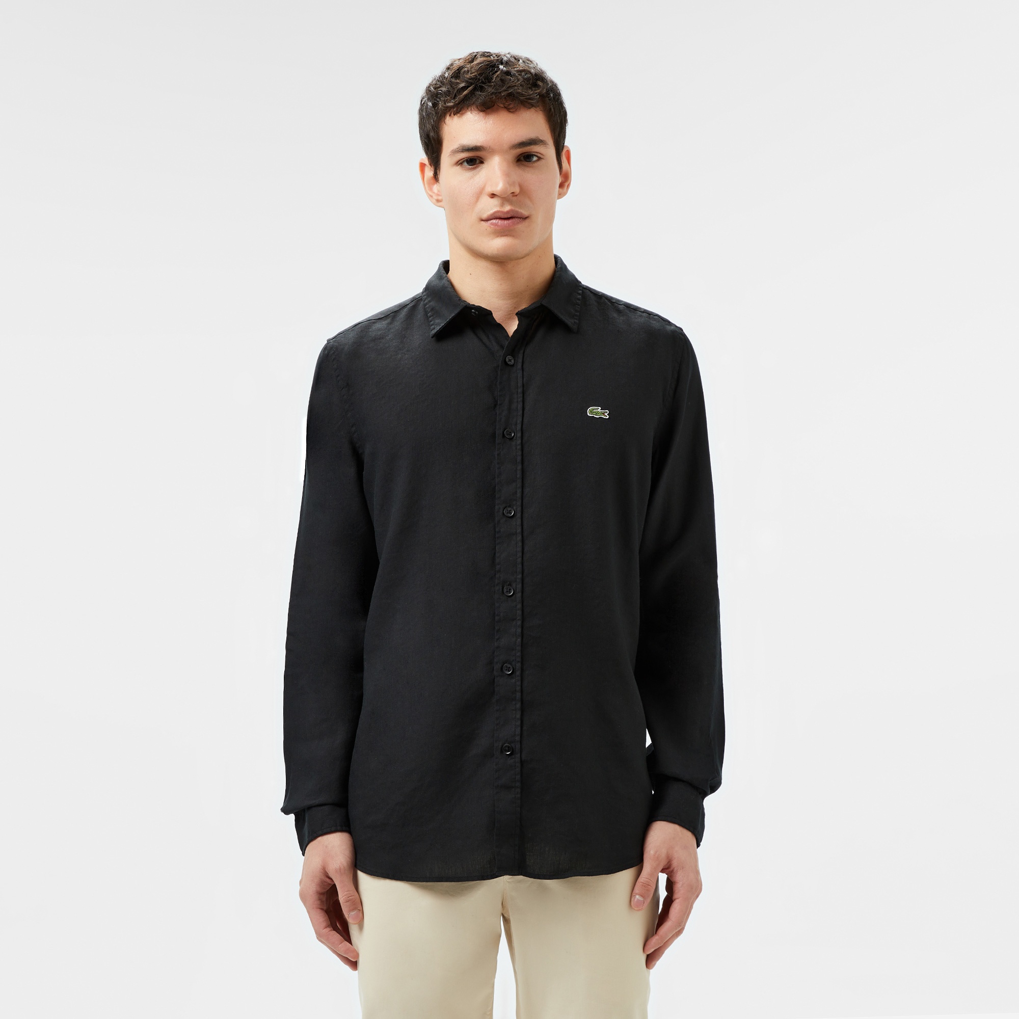 Erkek Slim Fit Keten Siyah Gömlek