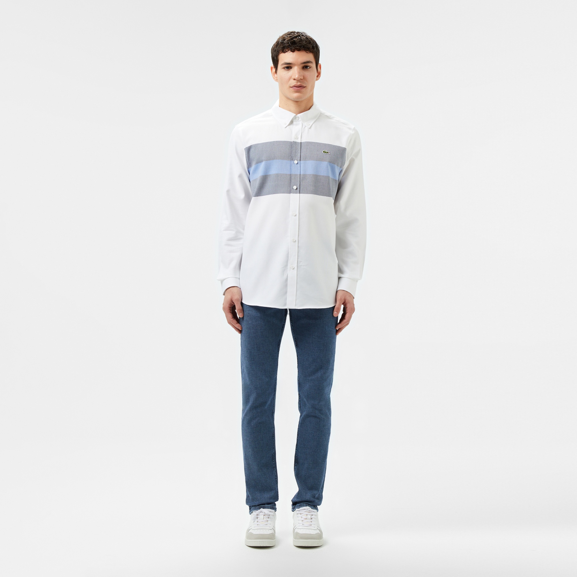 Lacoste Erkek Slim Fit Renk Bloklu Beyaz Gömlek