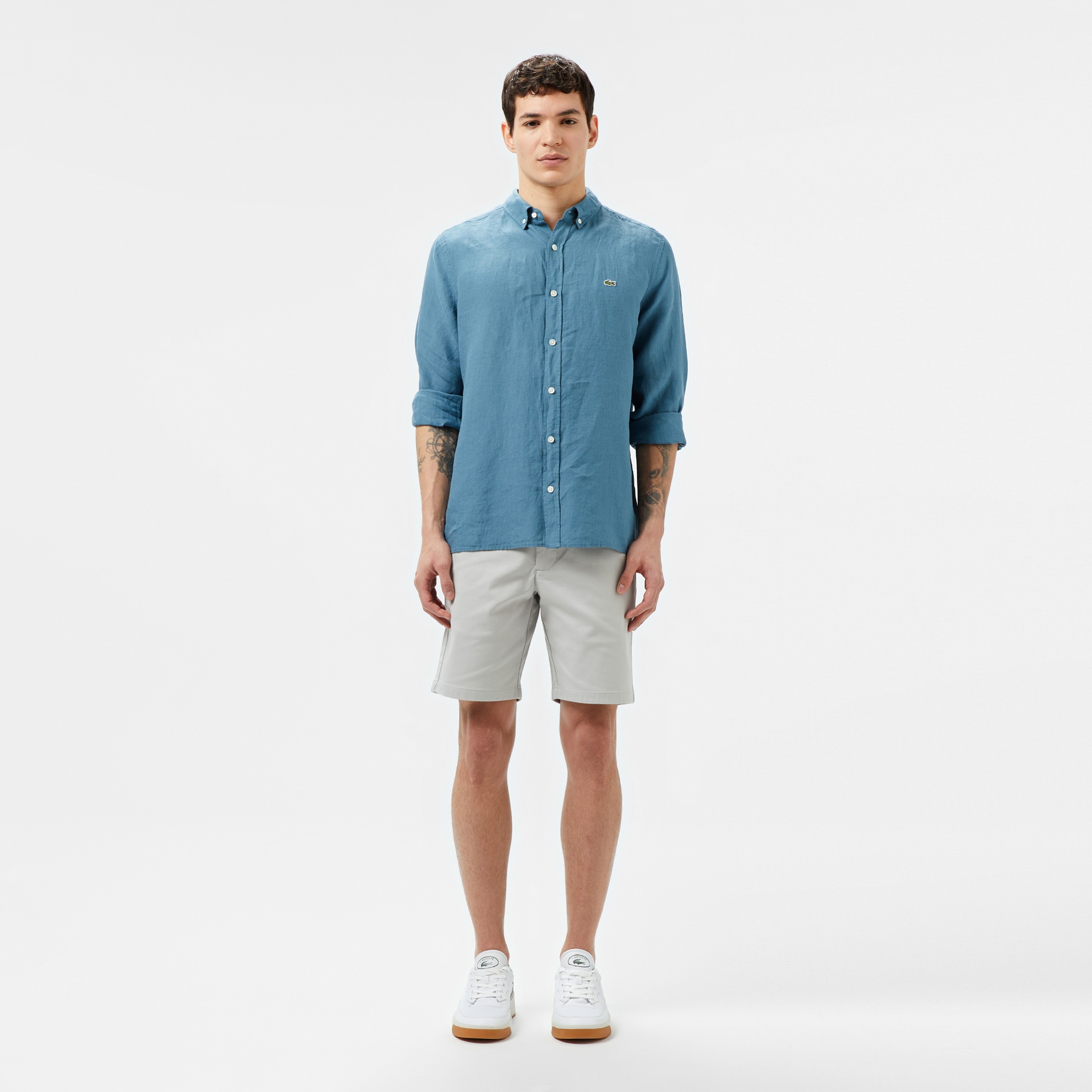 Lacoste Erkek Regular Fit Düğmeli Yaka Keten Mavi Gömlek