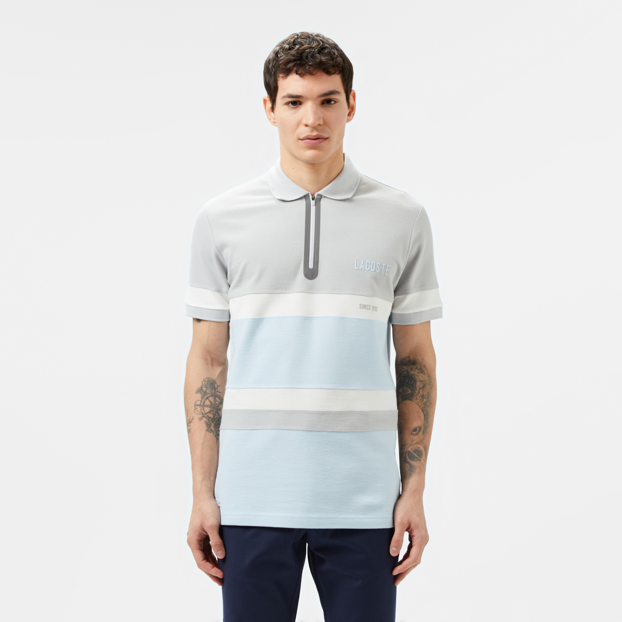 Lacoste Erkek Regular Fit Yarım Fermuarlı Renk Bloklu Açık Mavi Polo