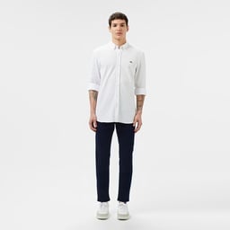 Erkek Slim Fit Düğmeli Yaka Beyaz Gömlek Beyaz