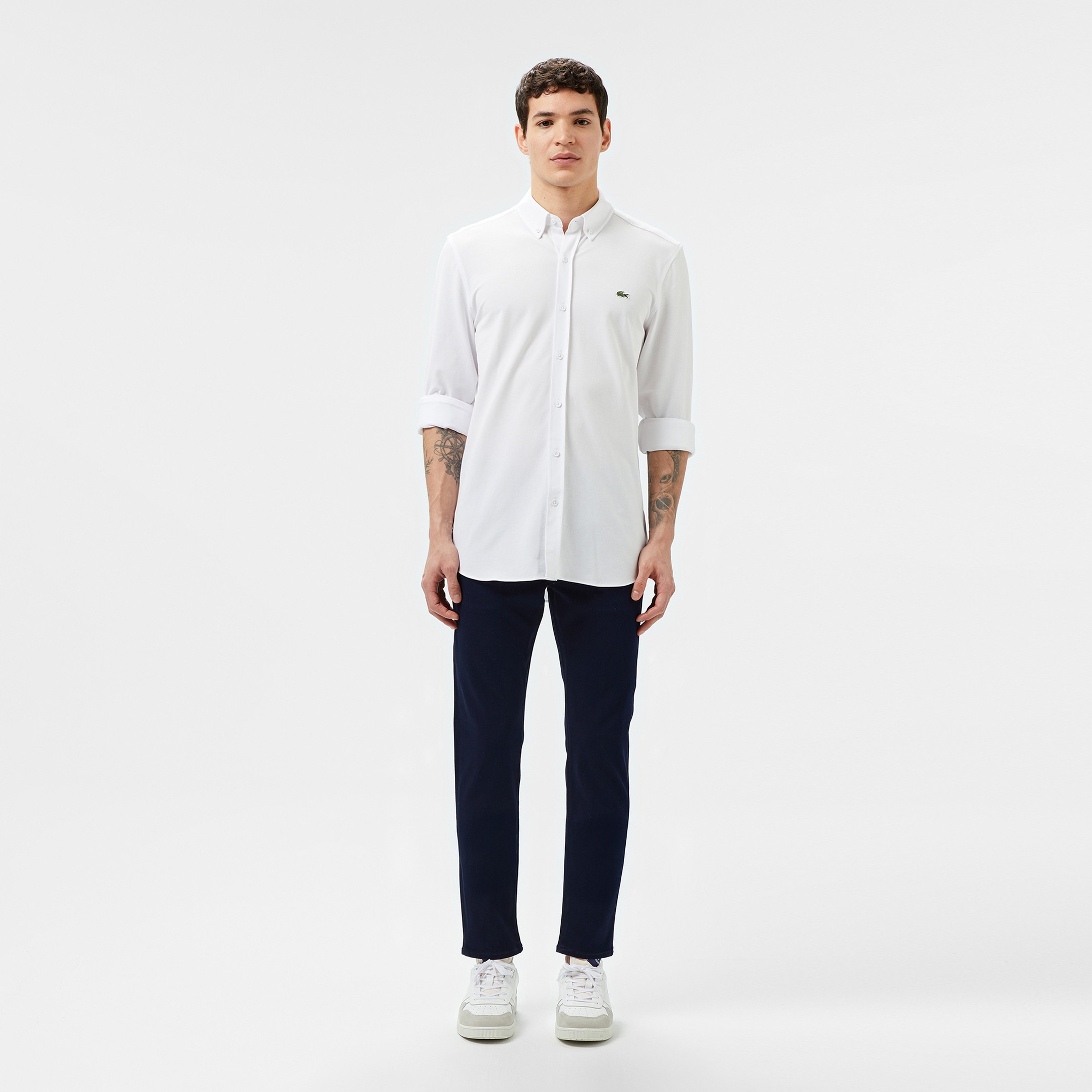 Erkek Slim Fit Düğmeli Yaka Beyaz Gömlek