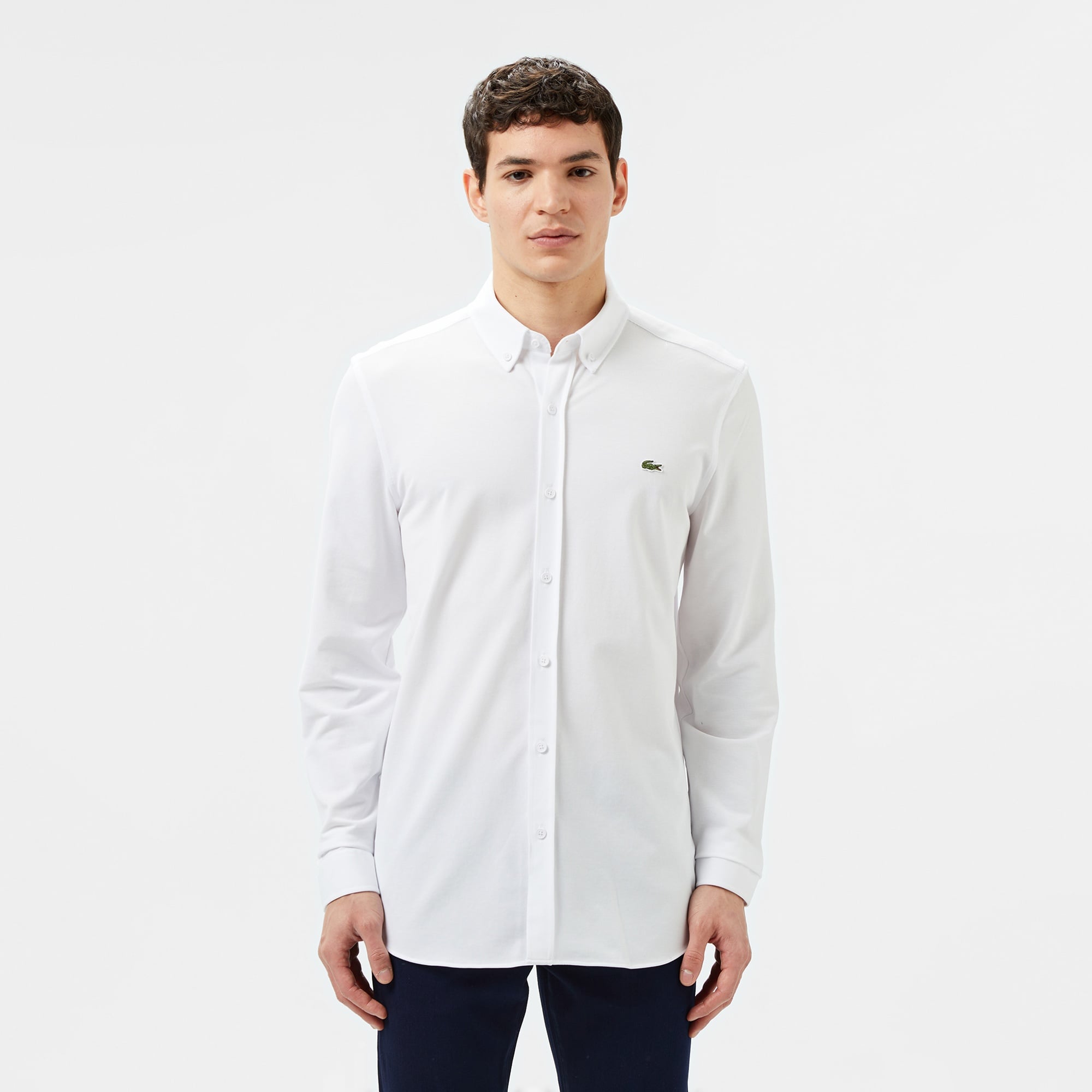 Erkek Slim Fit Düğmeli Yaka Beyaz Gömlek