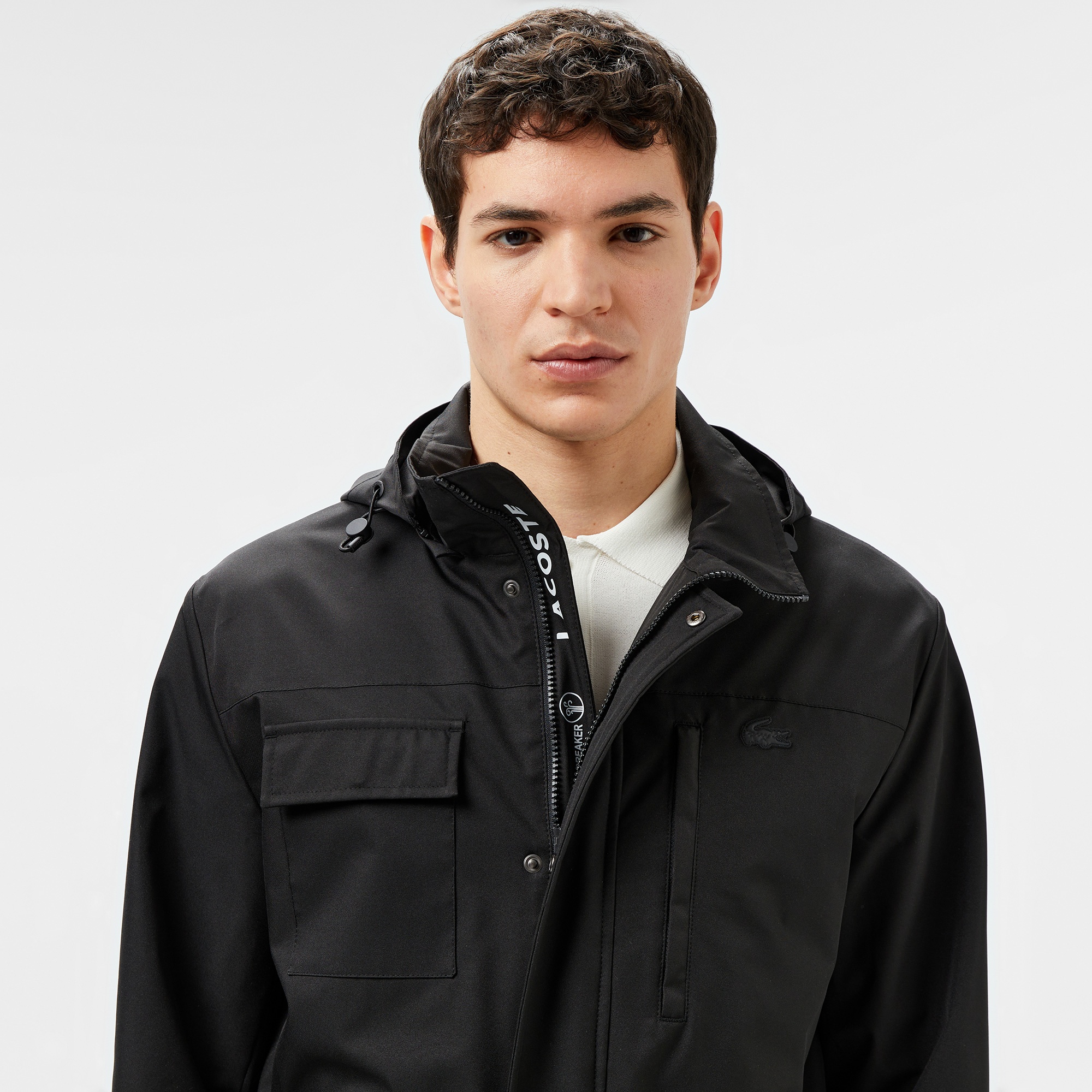 Lacoste Erkek Regular Fit Kapüşonlu Baskılı Siyah Yağmurluk