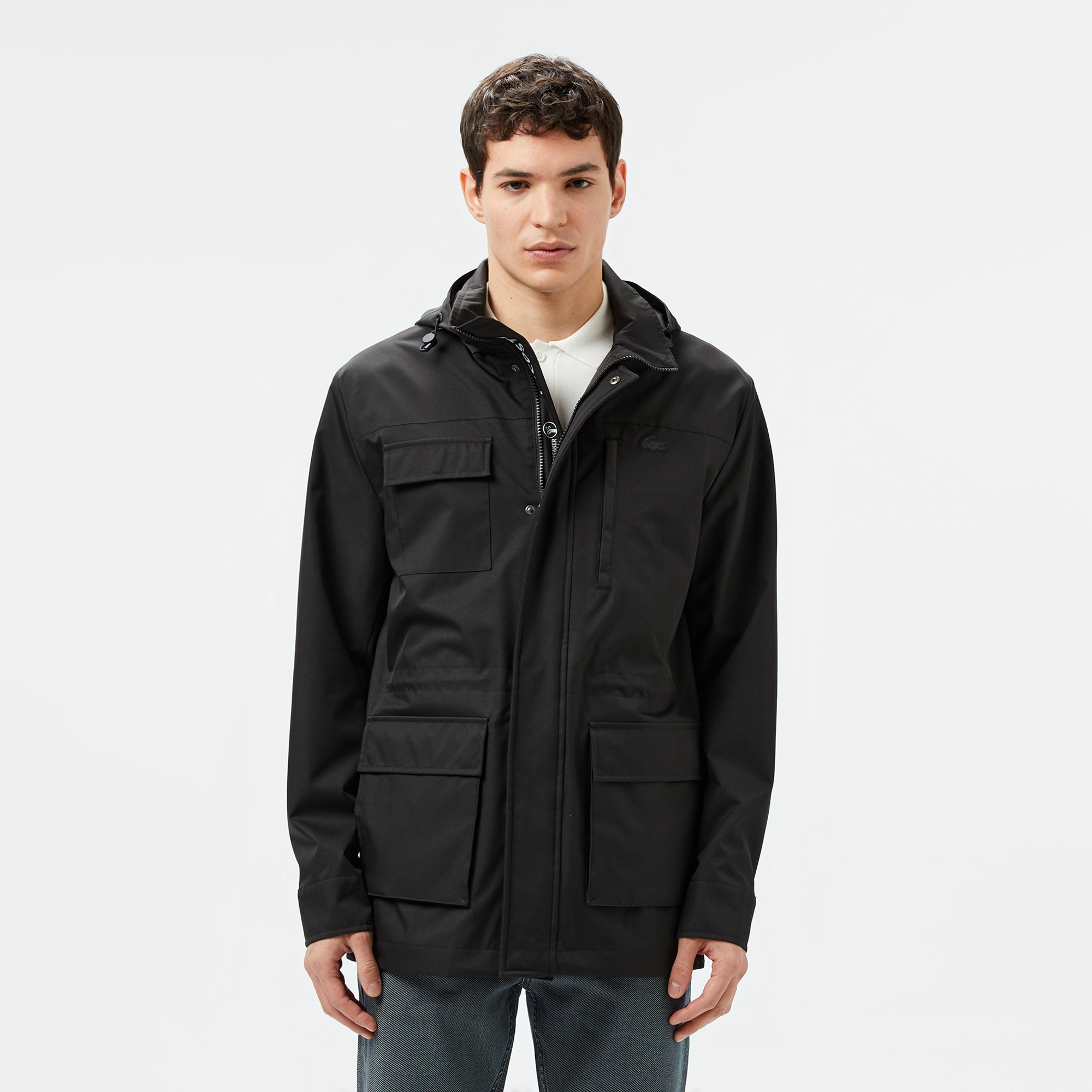 Lacoste Erkek Regular Fit Kapüşonlu Baskılı Siyah Yağmurluk