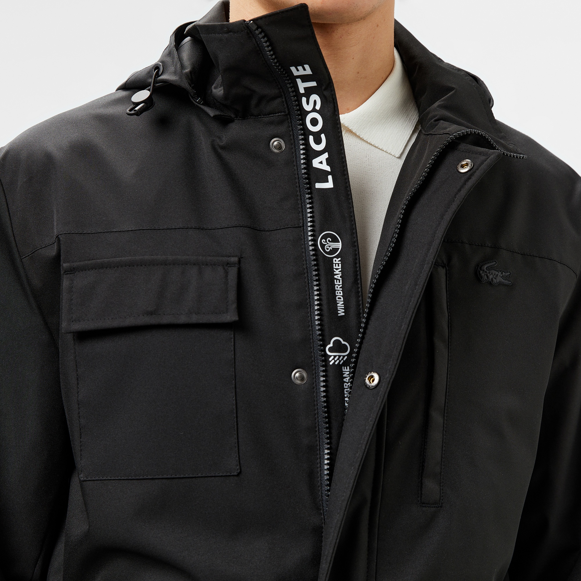 Lacoste Erkek Regular Fit Kapüşonlu Baskılı Siyah Yağmurluk