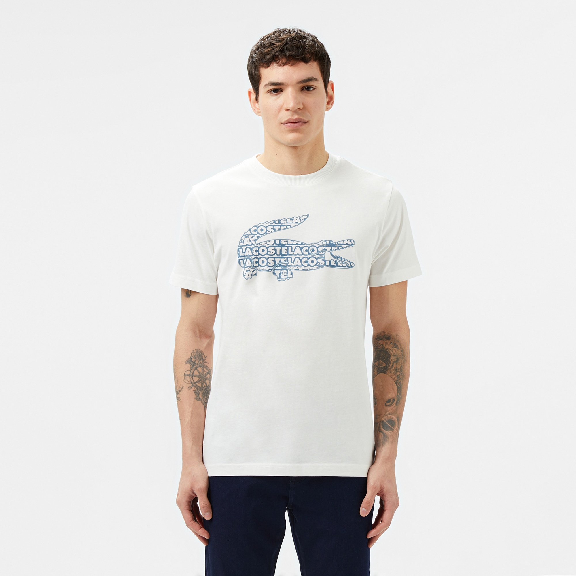 Lacoste Erkek Regular Fit Bisiklet Yaka Baskılı Beyaz T-Shirt