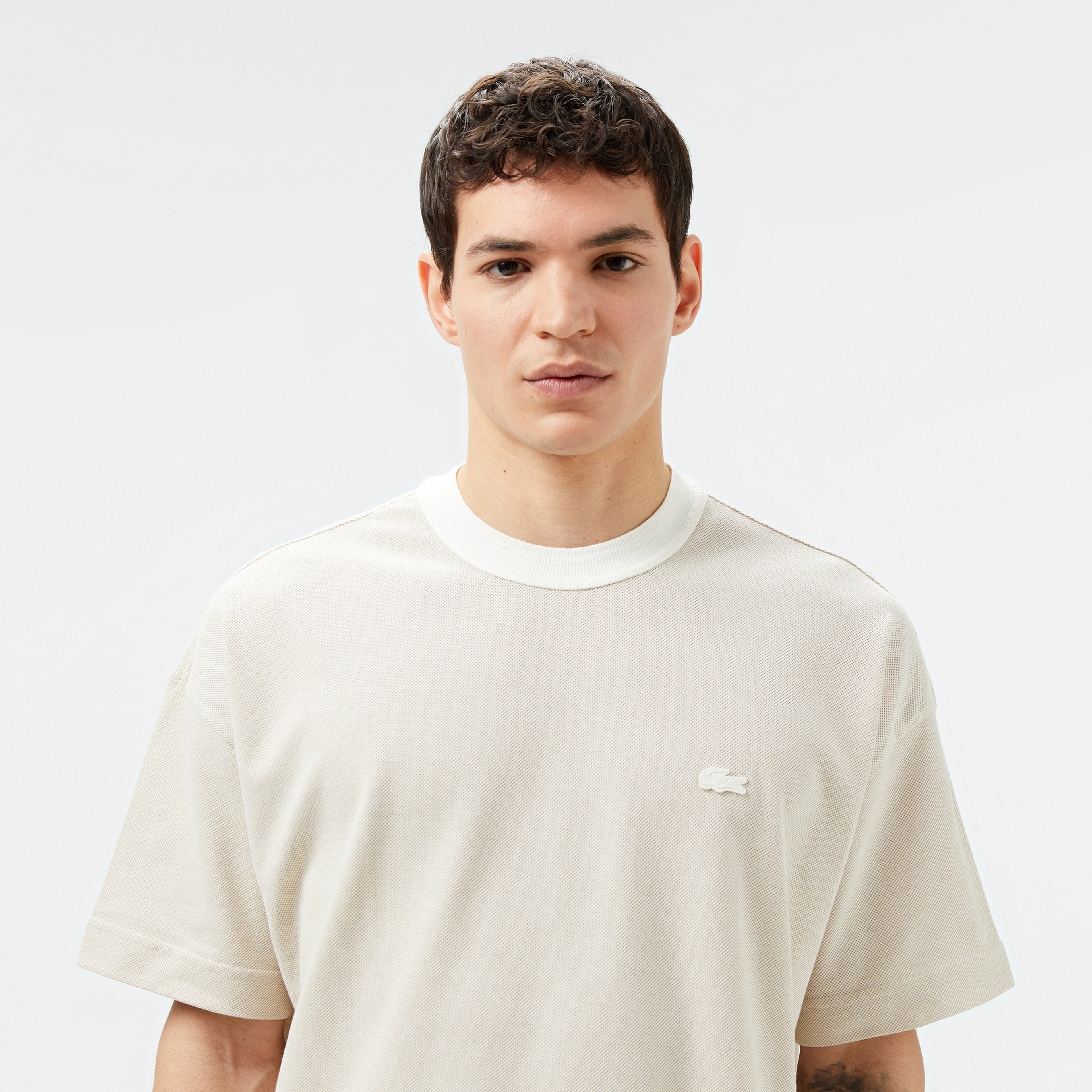 Erkek Oversize Fit Bisiklet Yaka Krem T-Shirt