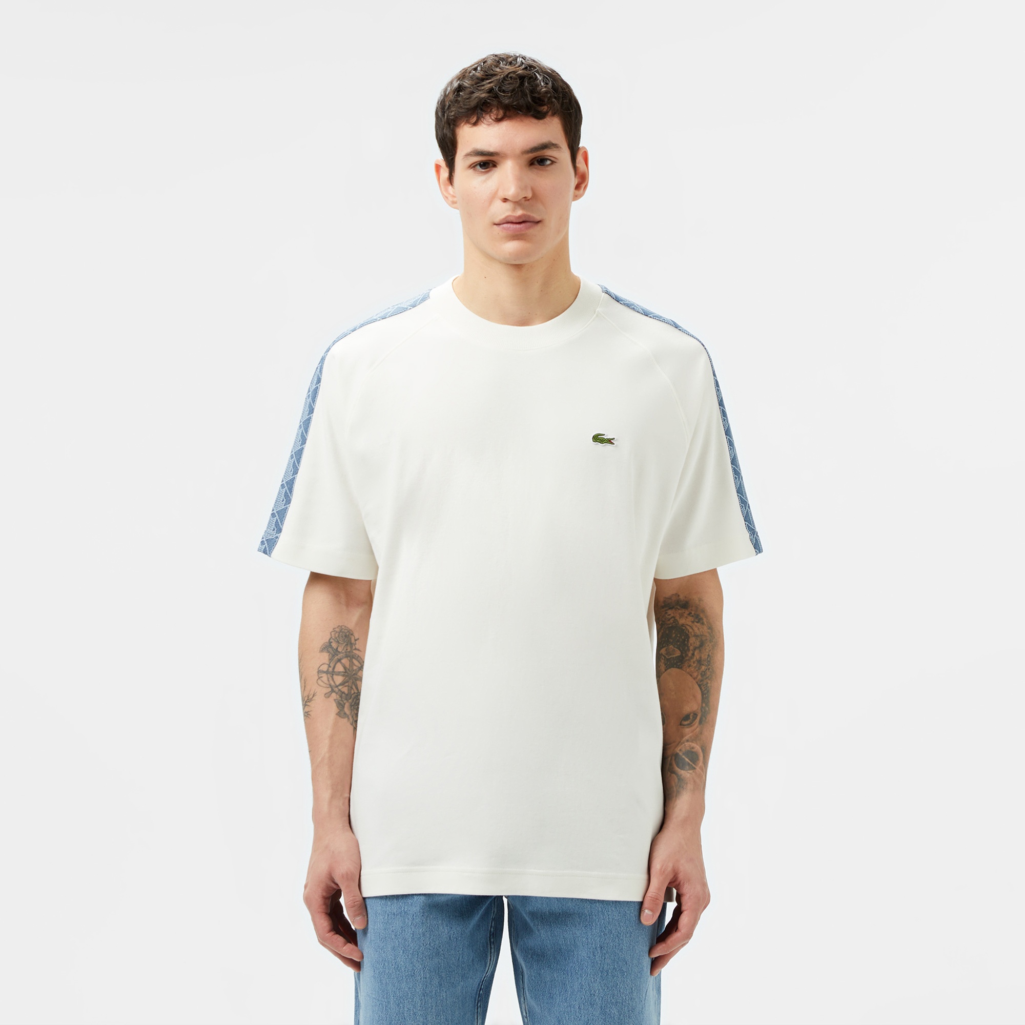 Lacoste Erkek Oversize Fit Bisiklet Yaka Baskılı Beyaz T-Shirt
