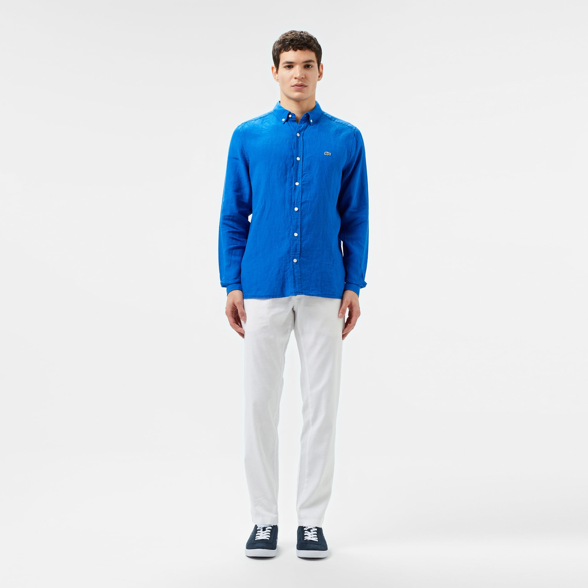 Lacoste Erkek Regular Fit Düğmeli Yaka Keten Mavi Gömlek görsel 4