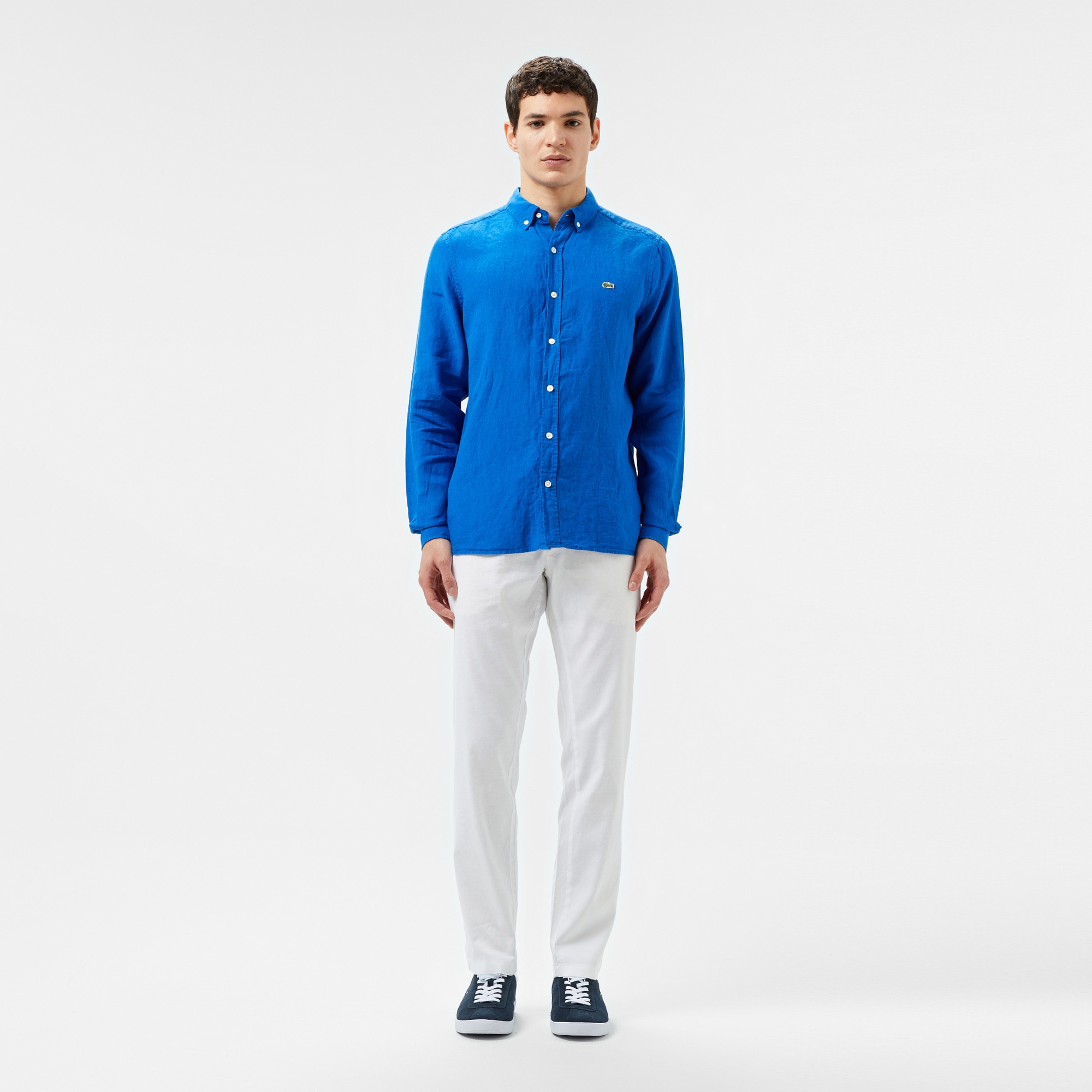 Lacoste Erkek Regular Fit Düğmeli Yaka Keten Mavi Gömlek