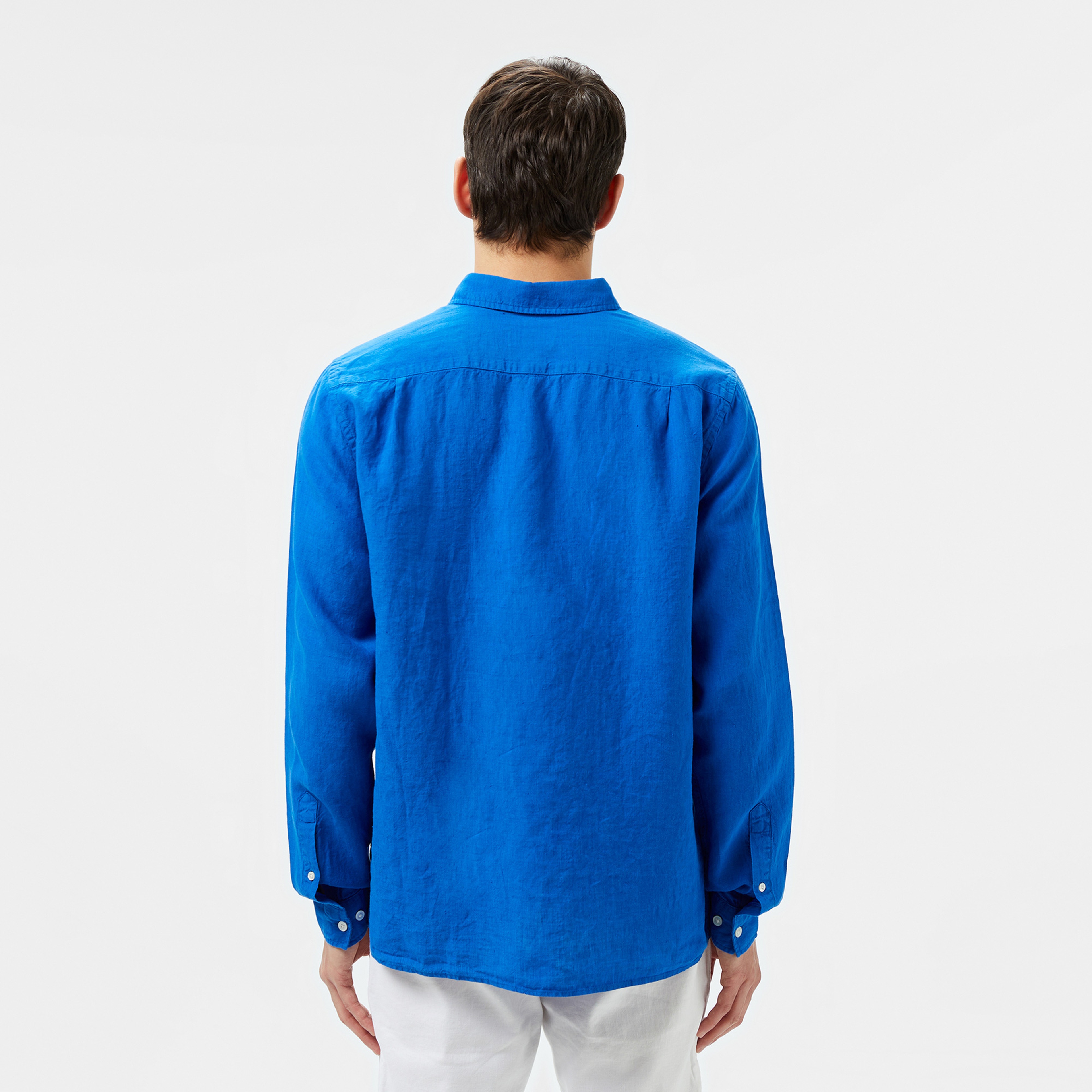 Erkek Regular Fit Düğmeli Yaka Keten Mavi Gömlek Erkek Regular Fit Düğmeli Yaka Keten Mavi Gömlek