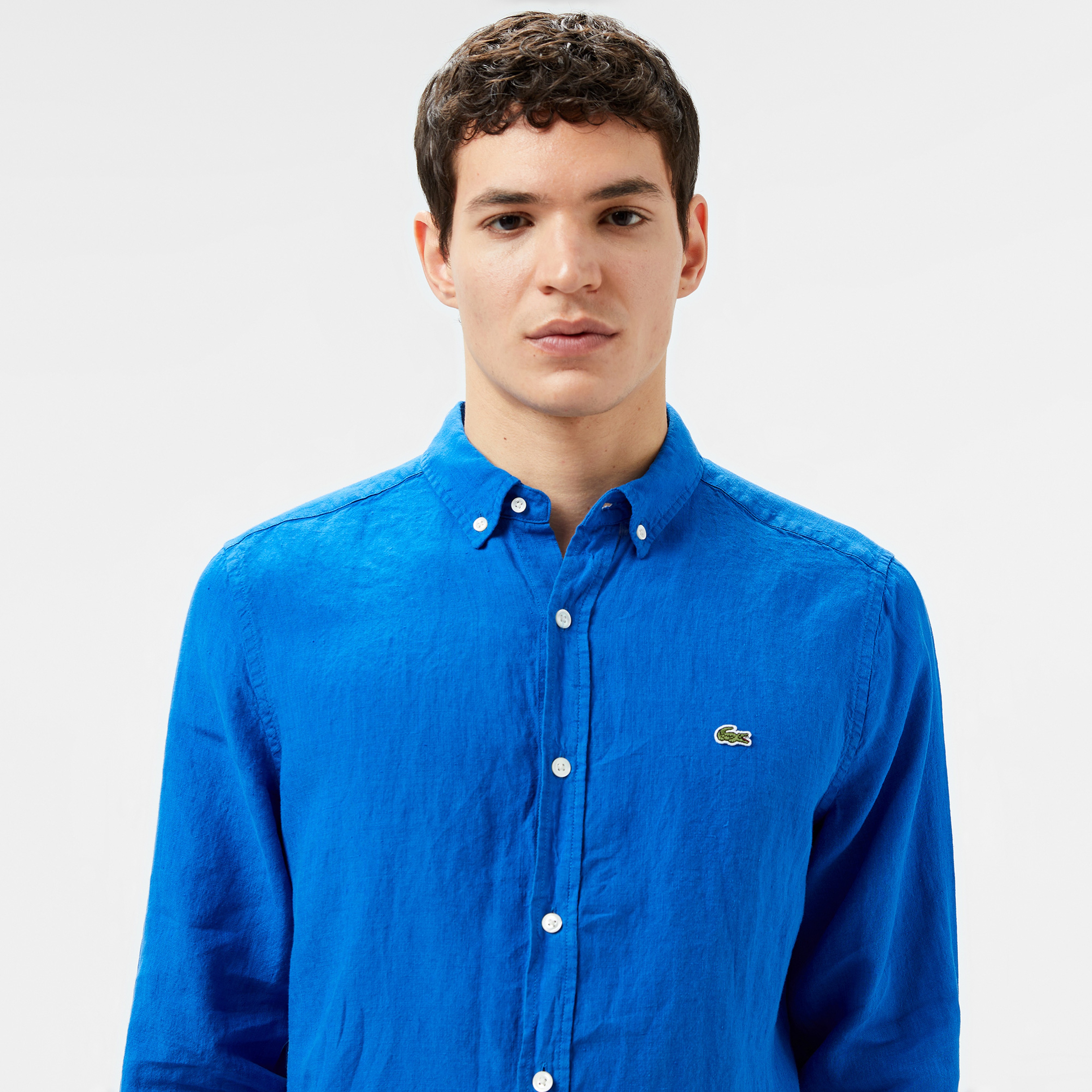 Erkek Regular Fit Düğmeli Yaka Keten Mavi Gömlek Erkek Regular Fit Düğmeli Yaka Keten Mavi Gömlek