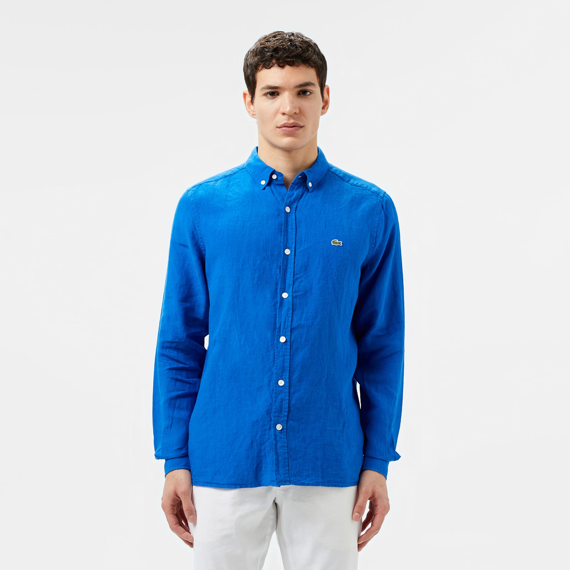 Lacoste Erkek Regular Fit Düğmeli Yaka Keten Mavi Gömlek