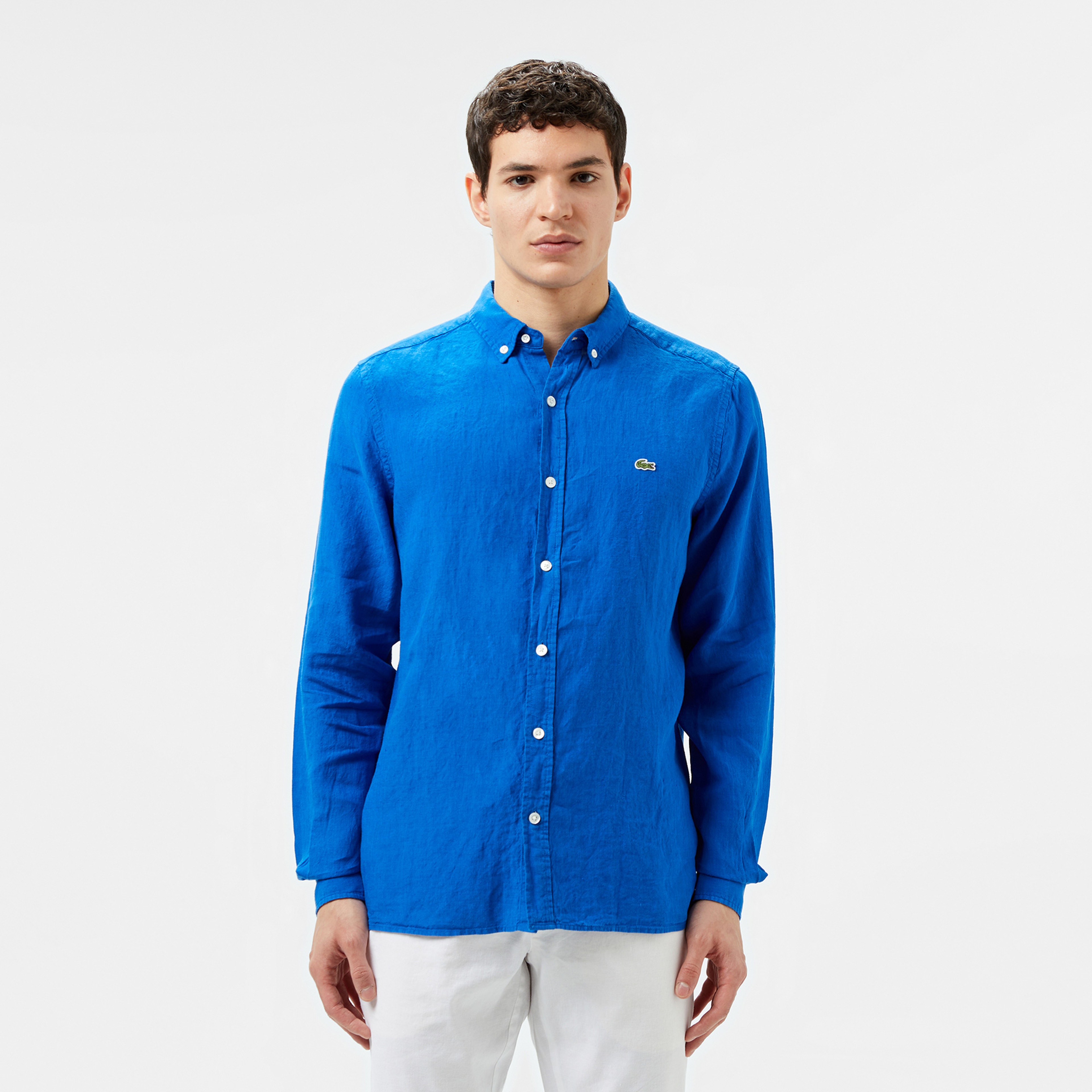 Erkek Regular Fit Düğmeli Yaka Keten Mavi Gömlek Erkek Regular Fit Düğmeli Yaka Keten Mavi Gömlek