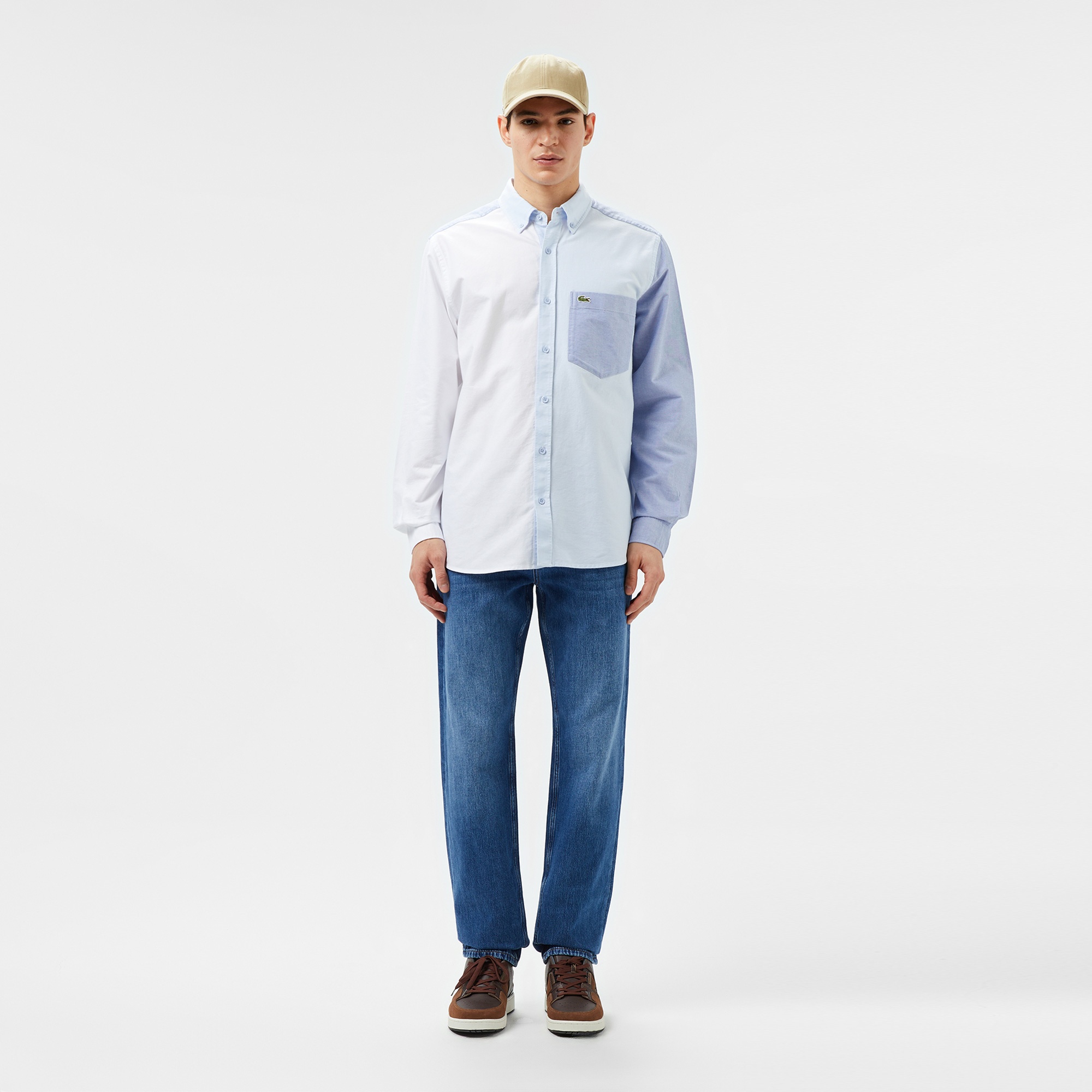 Lacoste Erkek Slim Fit Renk Bloklu Açık Mavi Gömlek