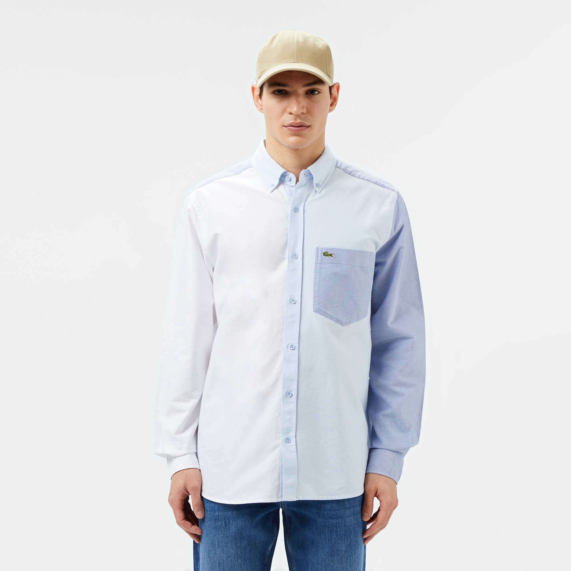 Lacoste Erkek Slim Fit Renk Bloklu Açık Mavi Gömlek