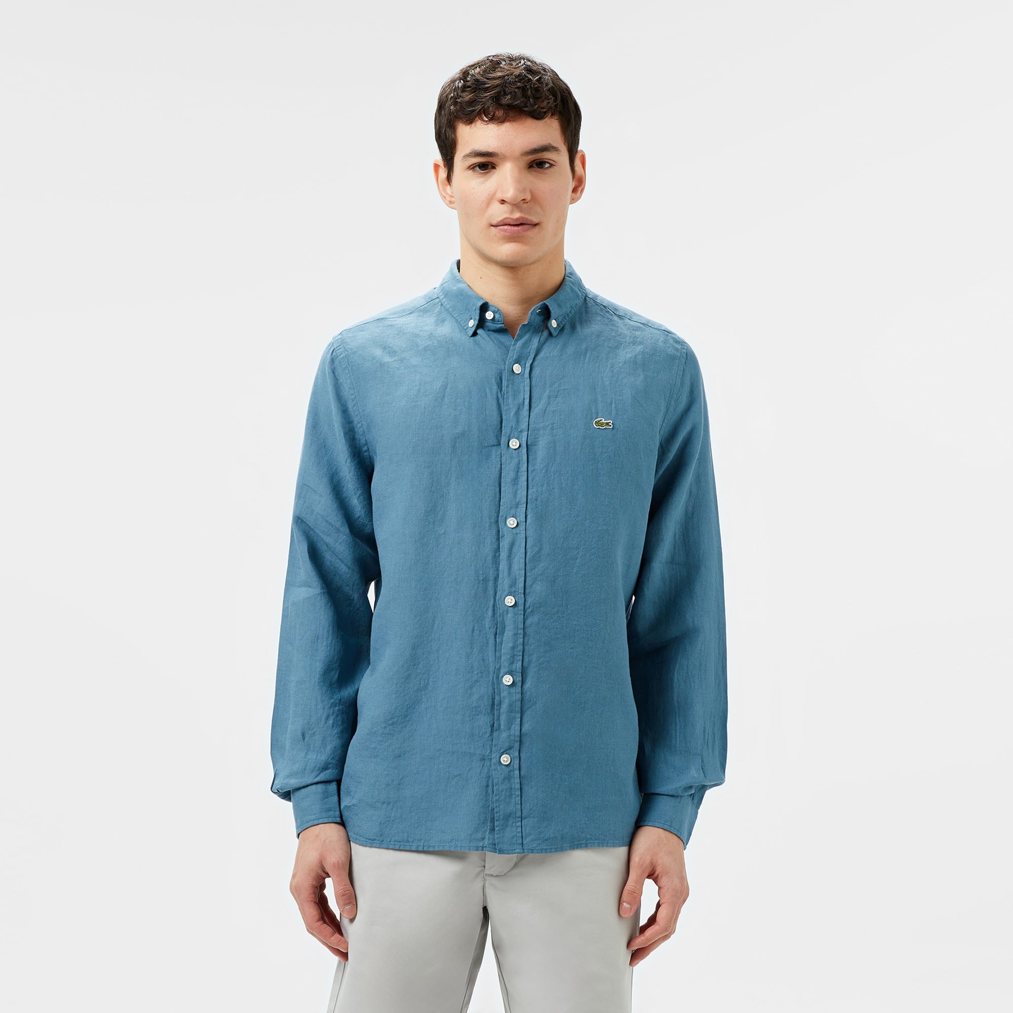 Lacoste Erkek Regular Fit Düğmeli Yaka Keten Mavi Gömlek