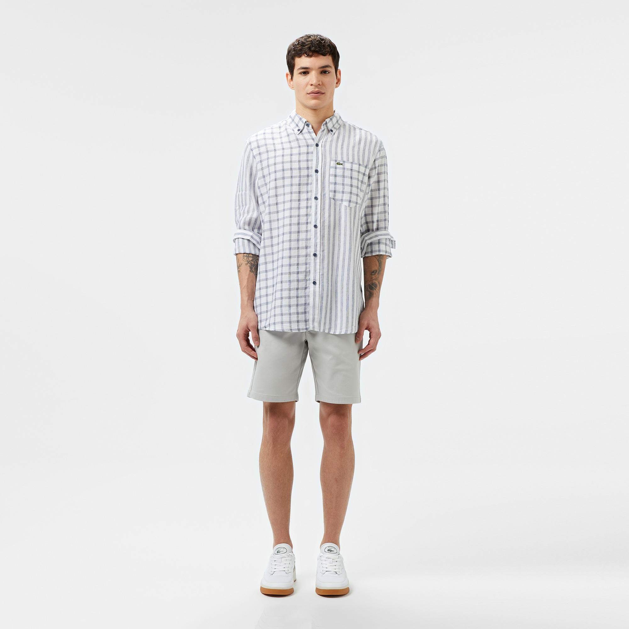 Lacoste Erkek Regular Fit Düğmeli Yaka Ekose Keten Lacivert Gömlek