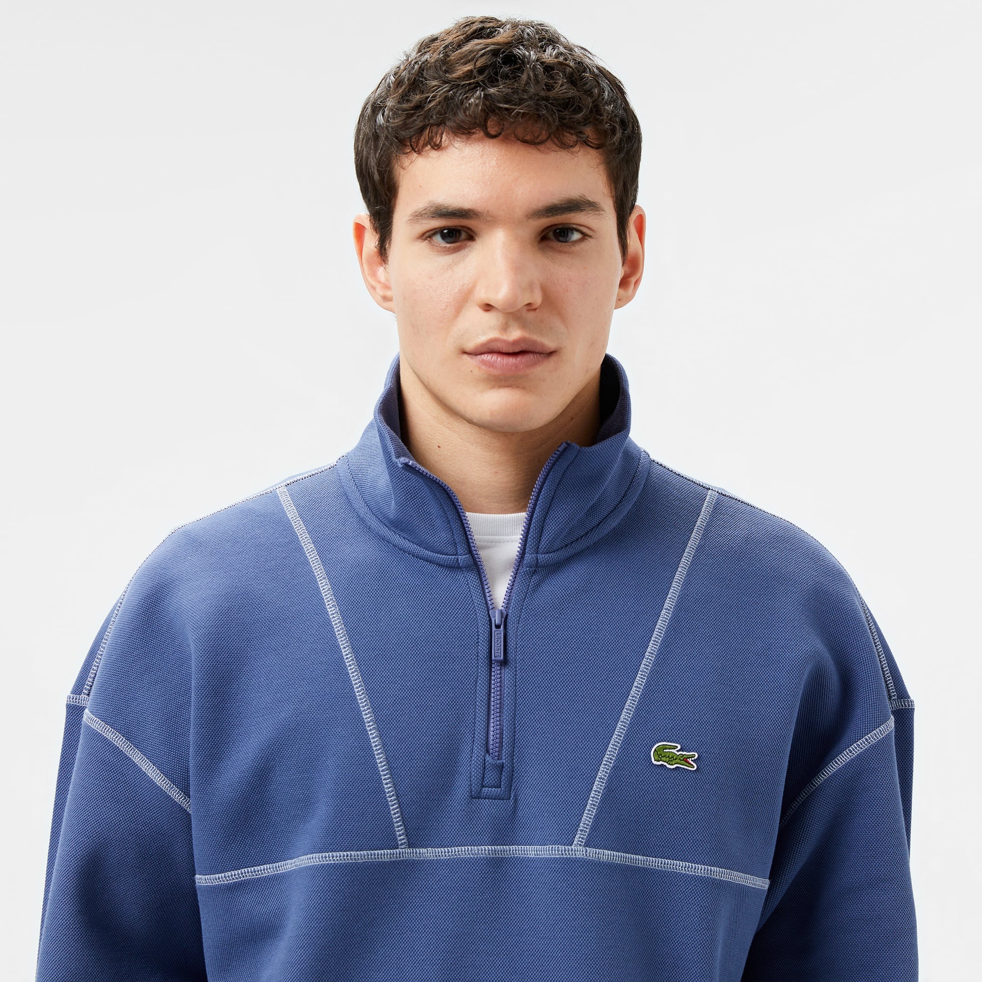 Lacoste Erkek Relaxed Fit Yarım Fermuarlı Renk Bloklu Mavi