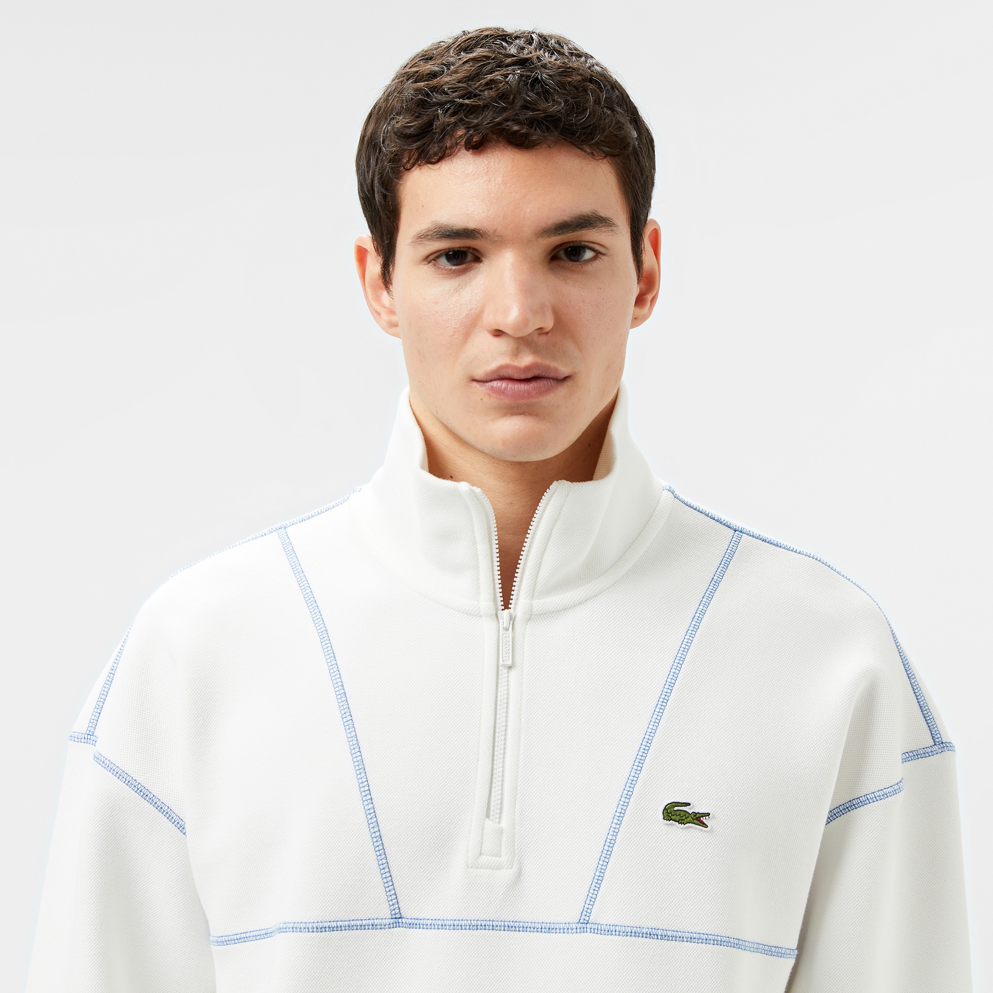 Lacoste Erkek Relaxed Fit Yarım Fermuarlı Renk Bloklu Beyaz Sweatshirt