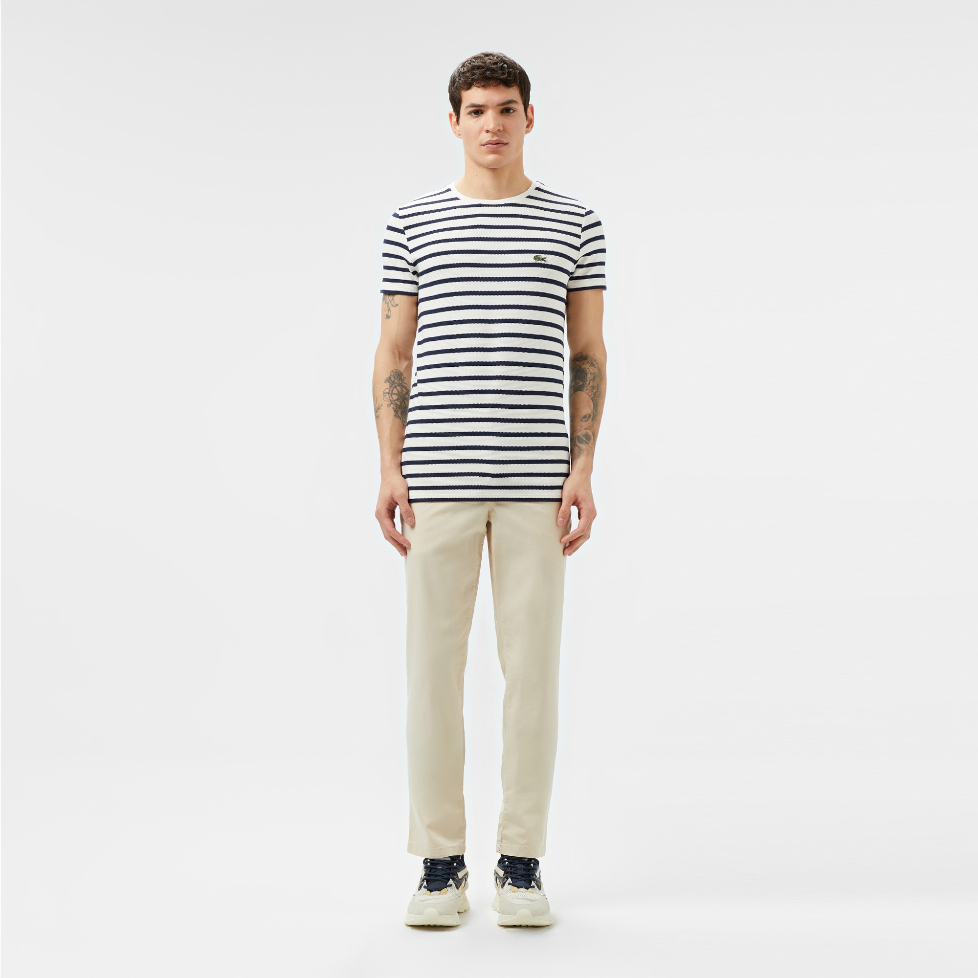 Lacoste Erkek Slim Fit Bisiklet Yaka Çizgili Beyaz T-Shirt