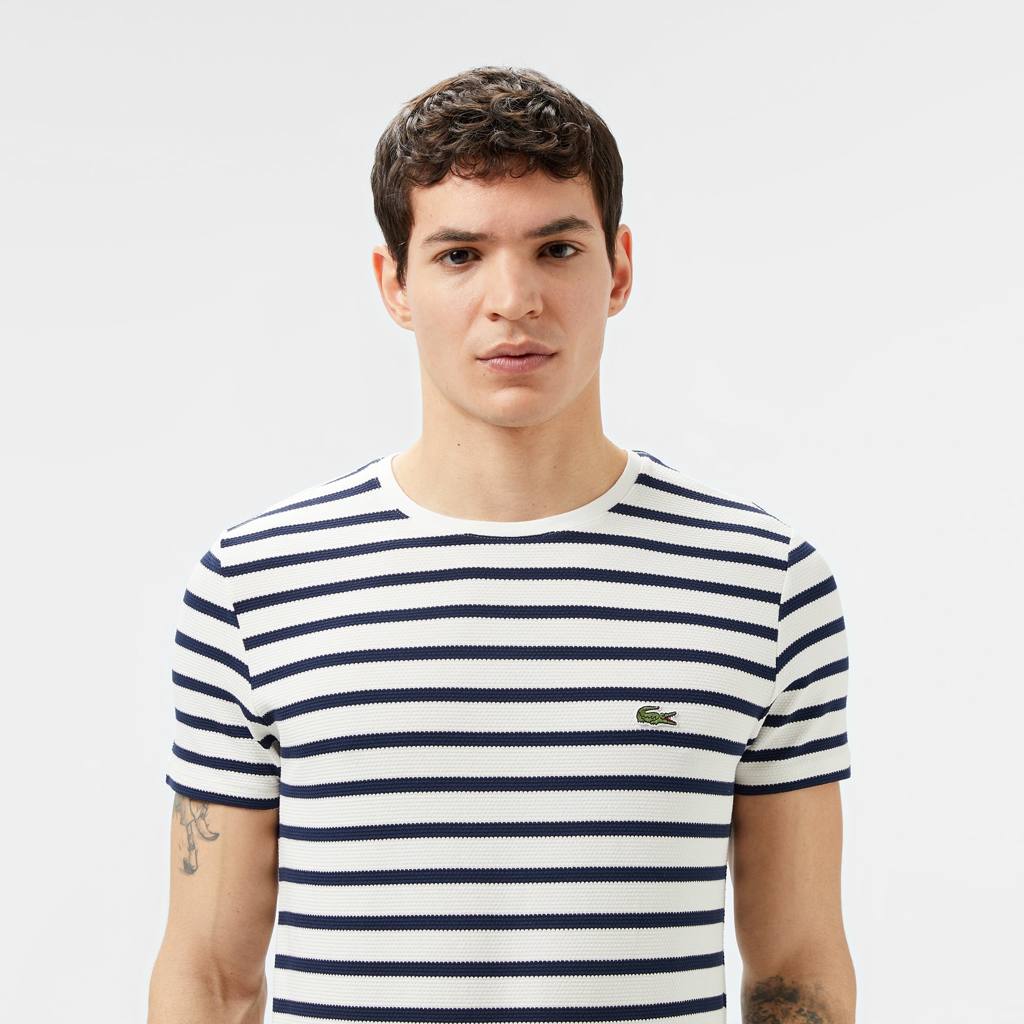 Lacoste Erkek Slim Fit Bisiklet Yaka Çizgili Beyaz T-Shirt