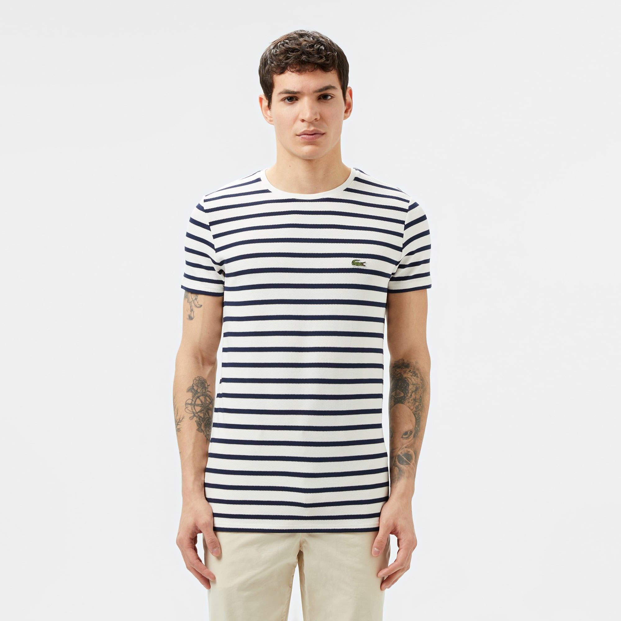 Lacoste Erkek Slim Fit Bisiklet Yaka Çizgili Beyaz T-Shirt