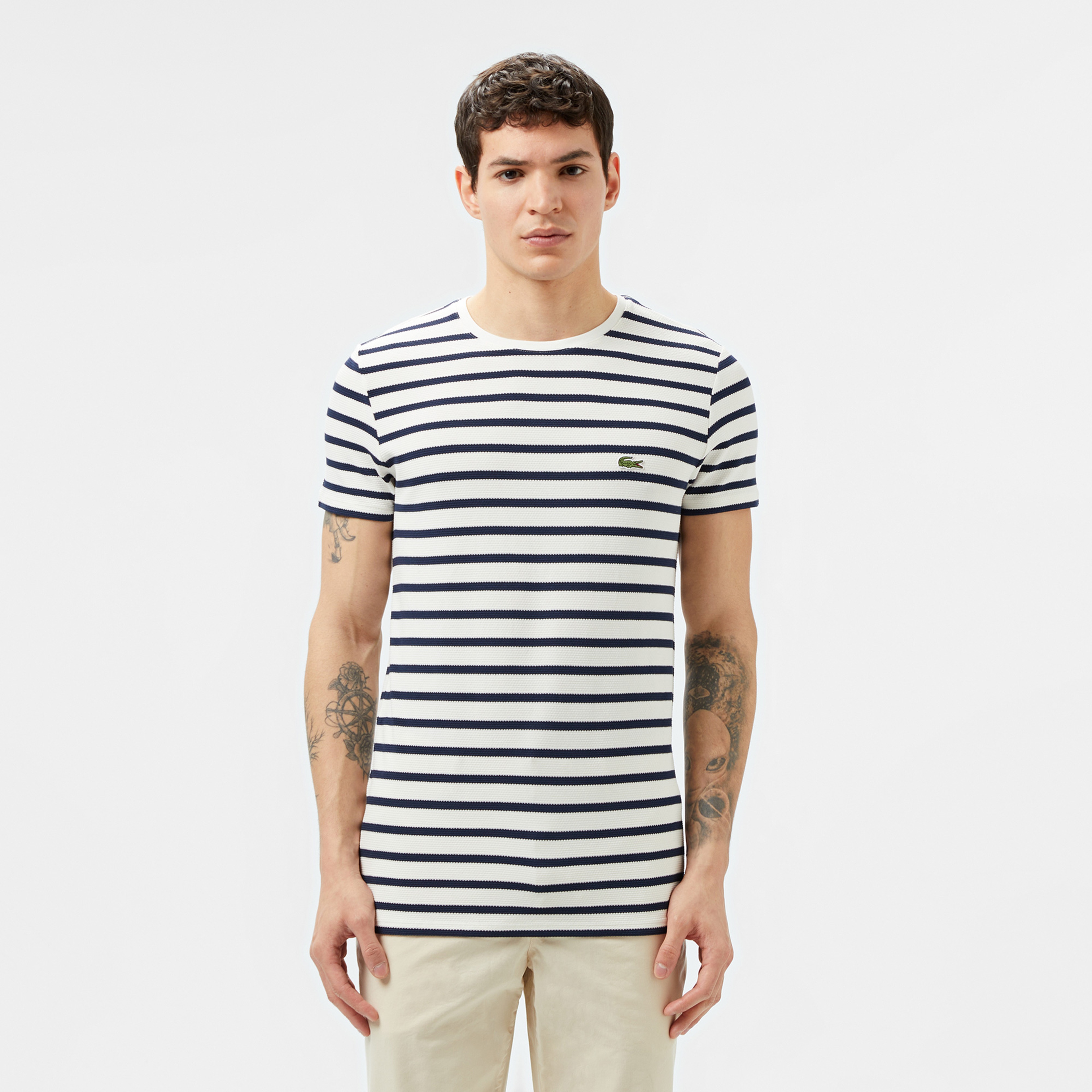 Erkek Slim Fit Bisiklet Yaka Çizgili Beyaz T-Shirt