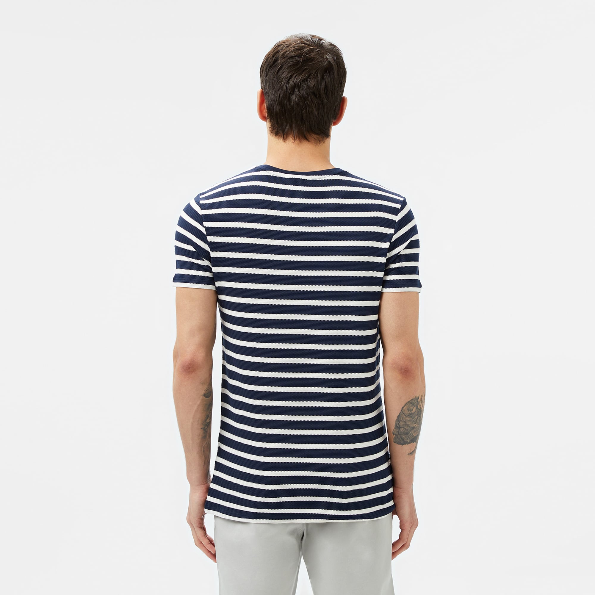 Lacoste Erkek Slim Fit Bisiklet Yaka Çizgili Lacivert T-Shirt görsel 3