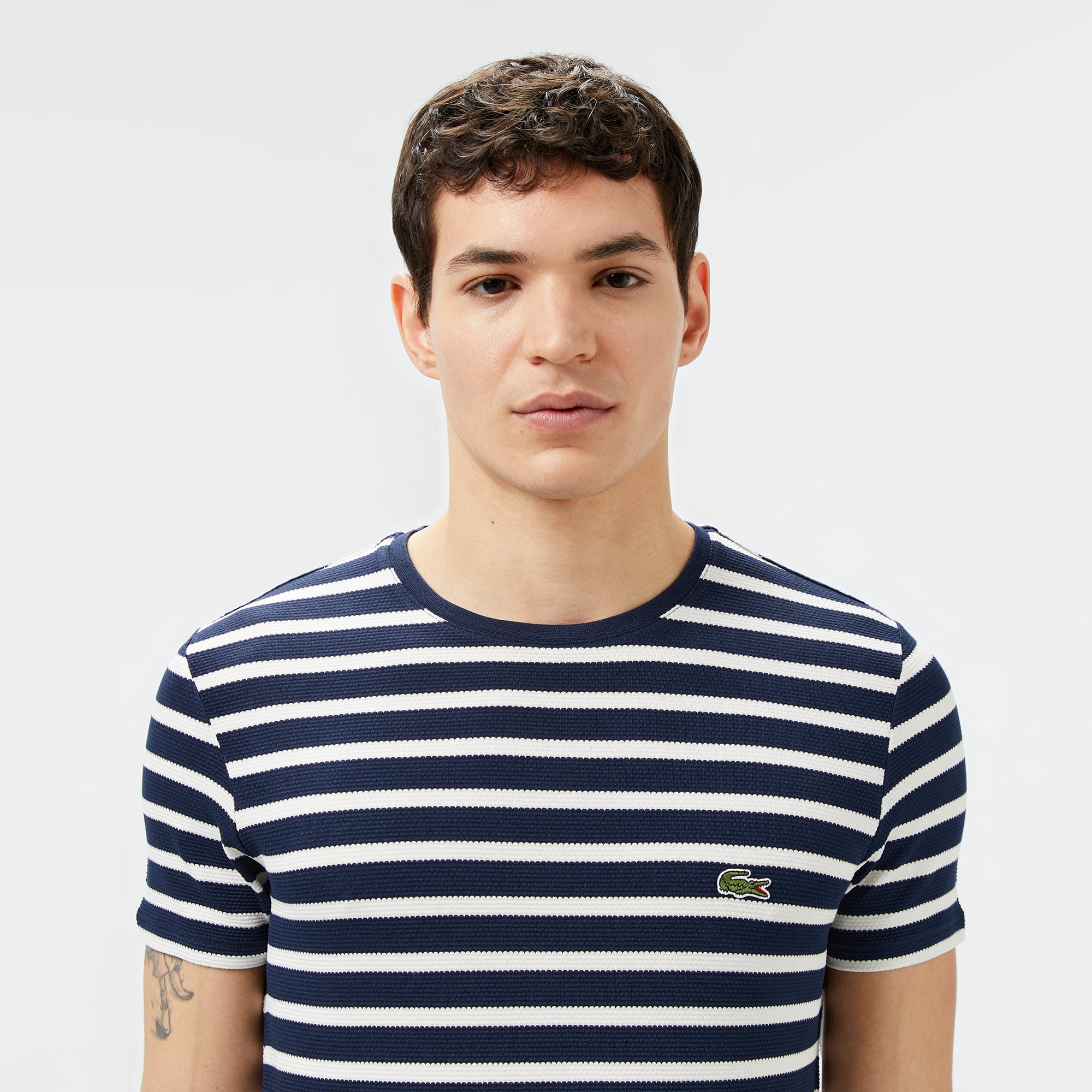 Lacoste Erkek Slim Fit Bisiklet Yaka Çizgili Lacivert T-Shirt görsel 2