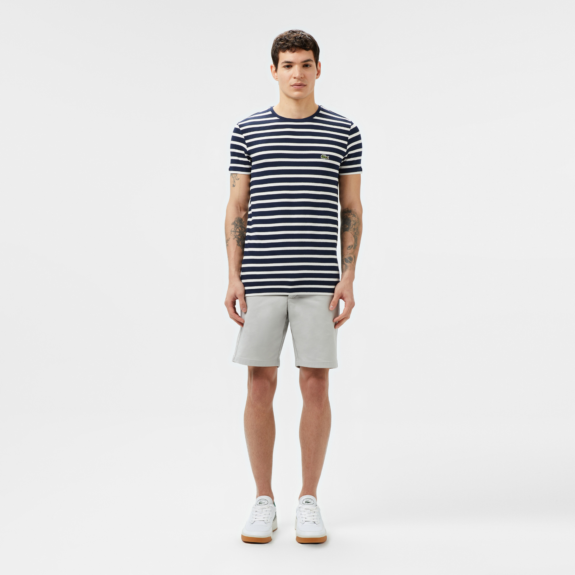 Lacoste Erkek Slim Fit Bisiklet Yaka Çizgili Lacivert T-Shirt görsel 4