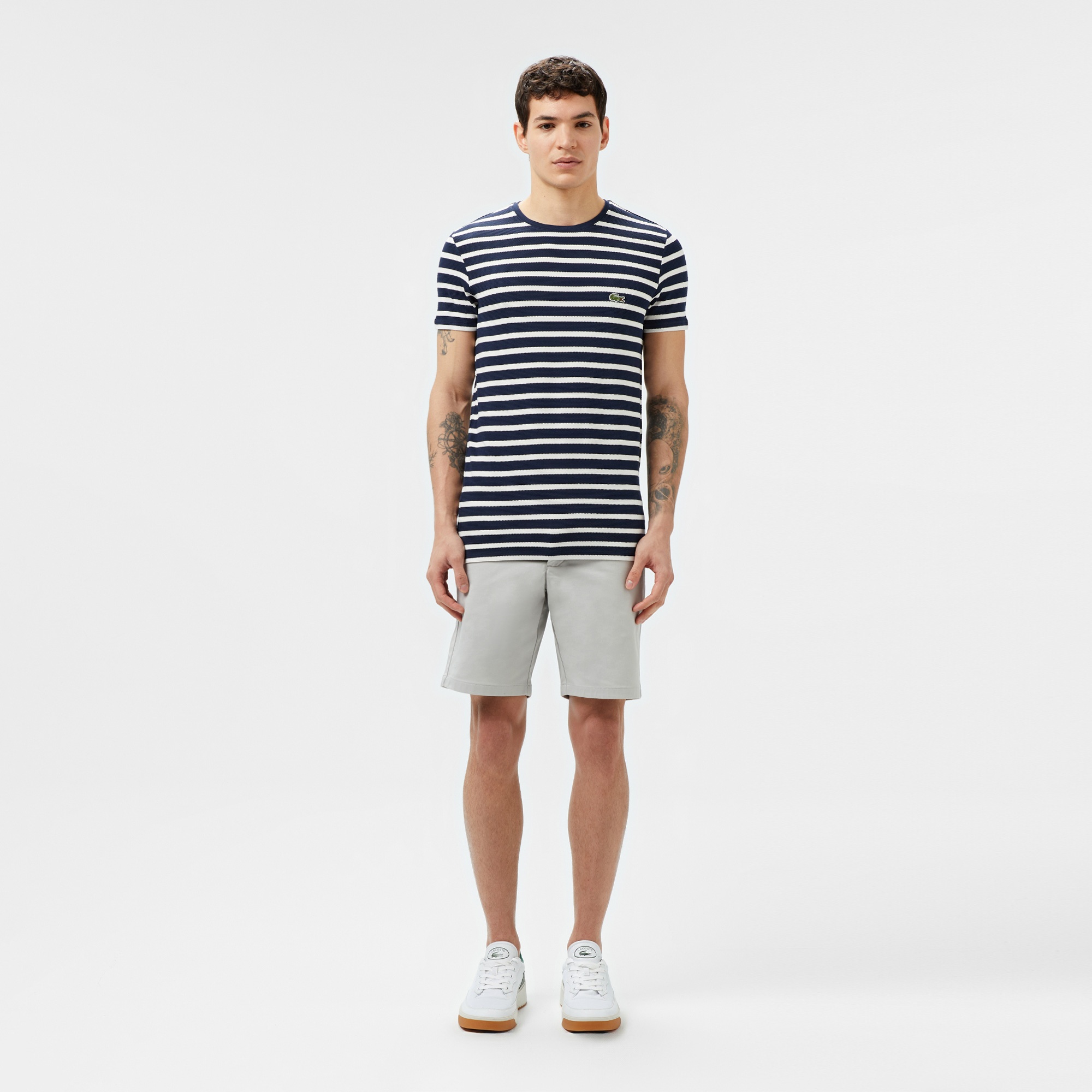 Erkek Slim Fit Bisiklet Yaka Çizgili Lacivert T-Shirt