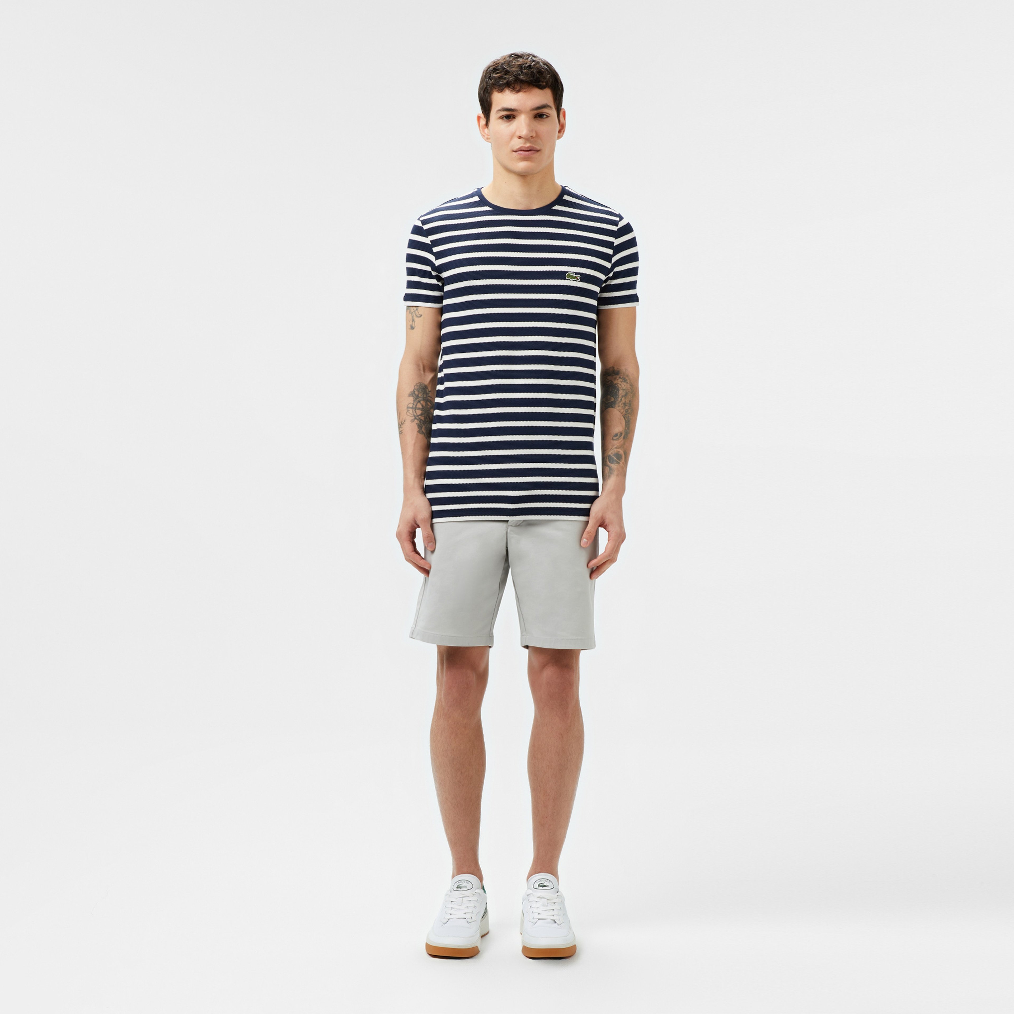 Erkek Slim Fit Bisiklet Yaka Çizgili Lacivert T-Shirt