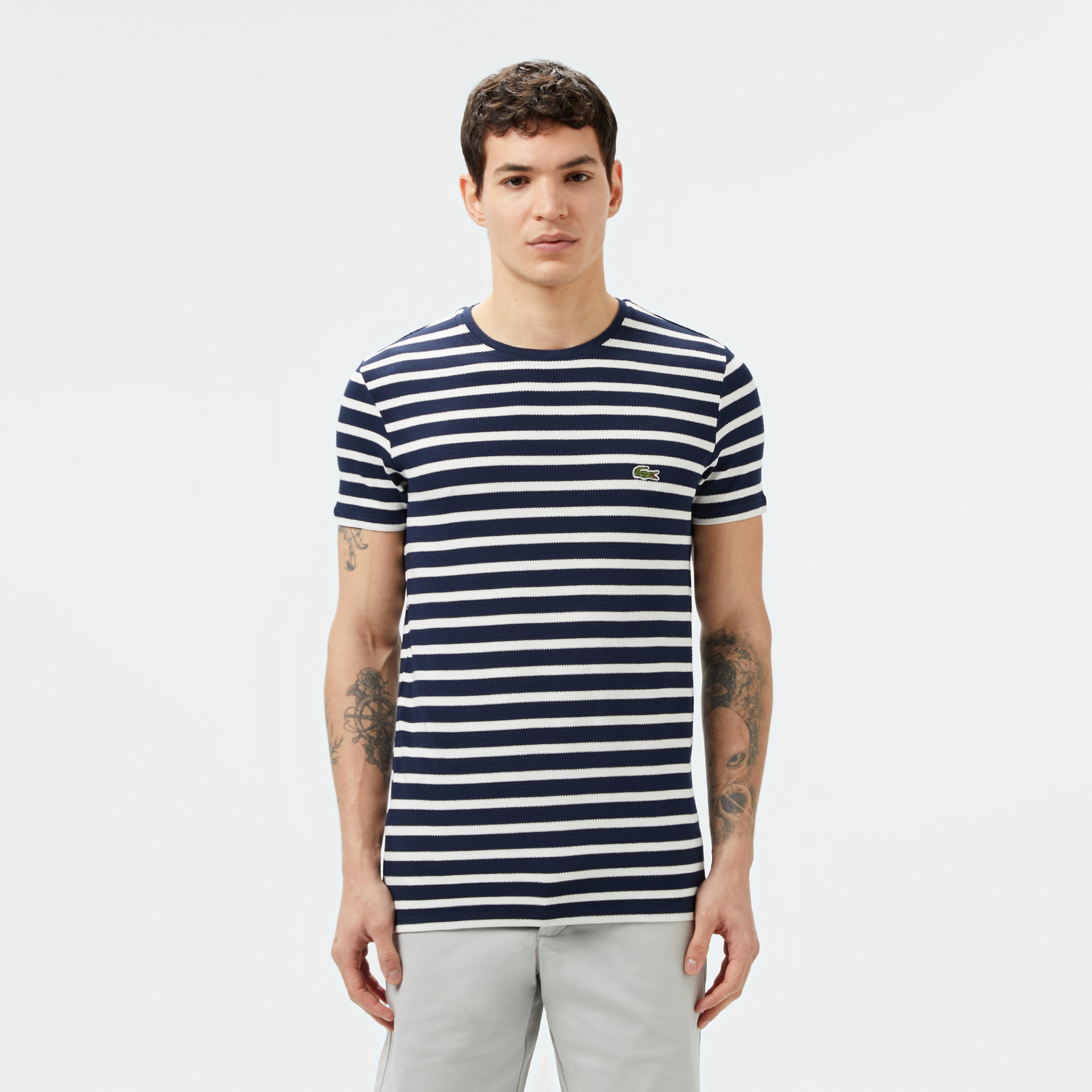 Erkek Slim Fit Bisiklet Yaka Çizgili Lacivert T-Shirt