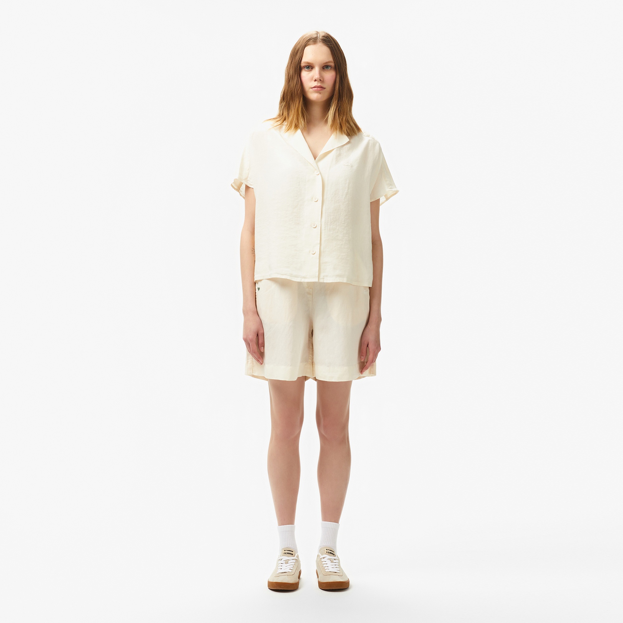 Lacoste Kadın Regular Fit Kısa Kollu Keten Beyaz Gömlek