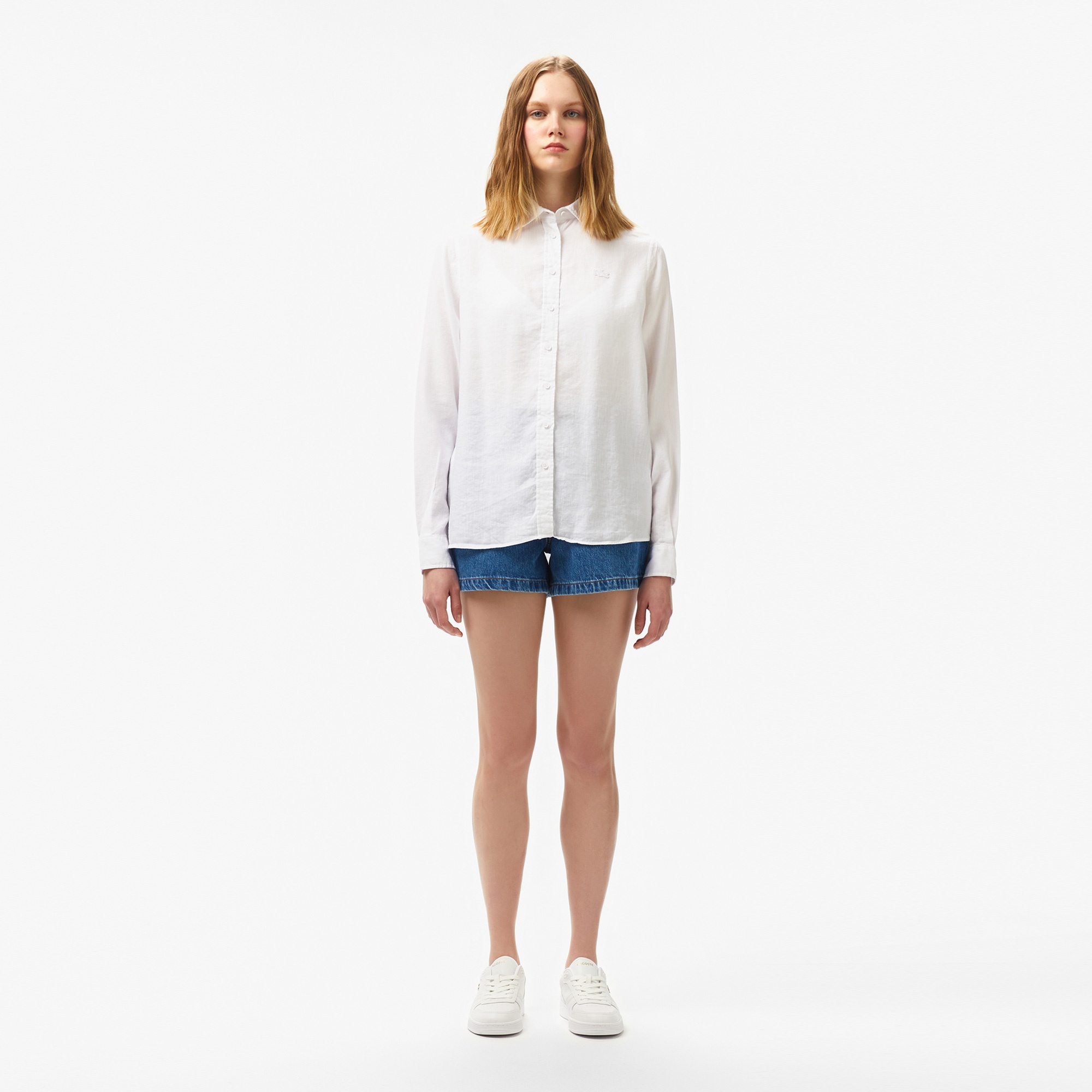 Lacoste Kadın Relaxed Fit Keten Beyaz Gömlek