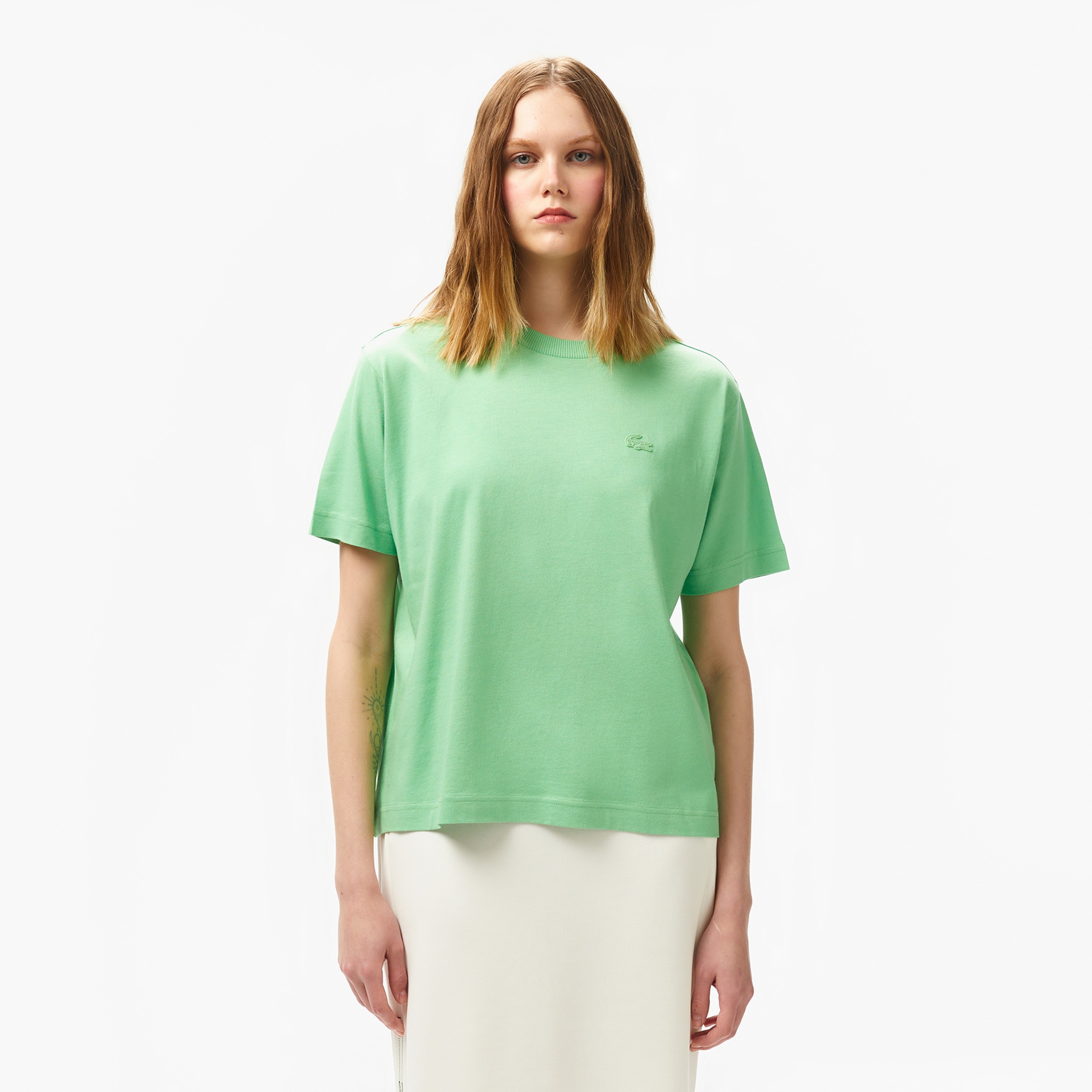 Lacoste Kadın Loose Fit Bisiklet Yaka Açık Yeşil T-Shirt