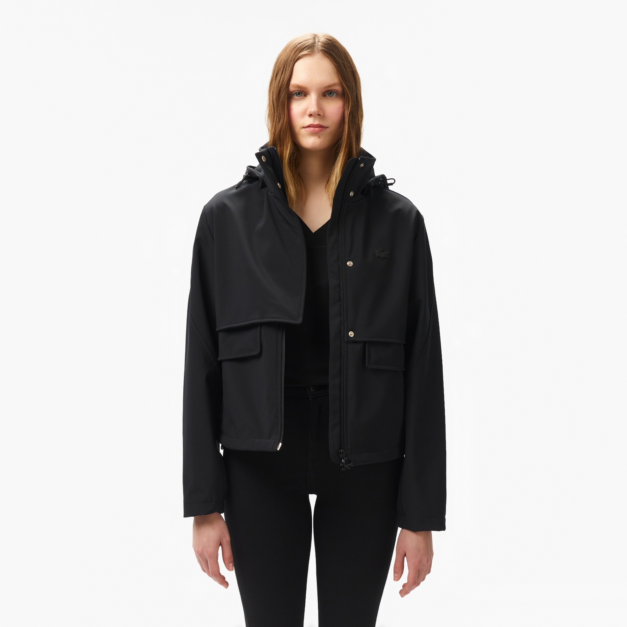 Lacoste Kadın Relaxed Fit Kapüşonlu Siyah Yağmurluk