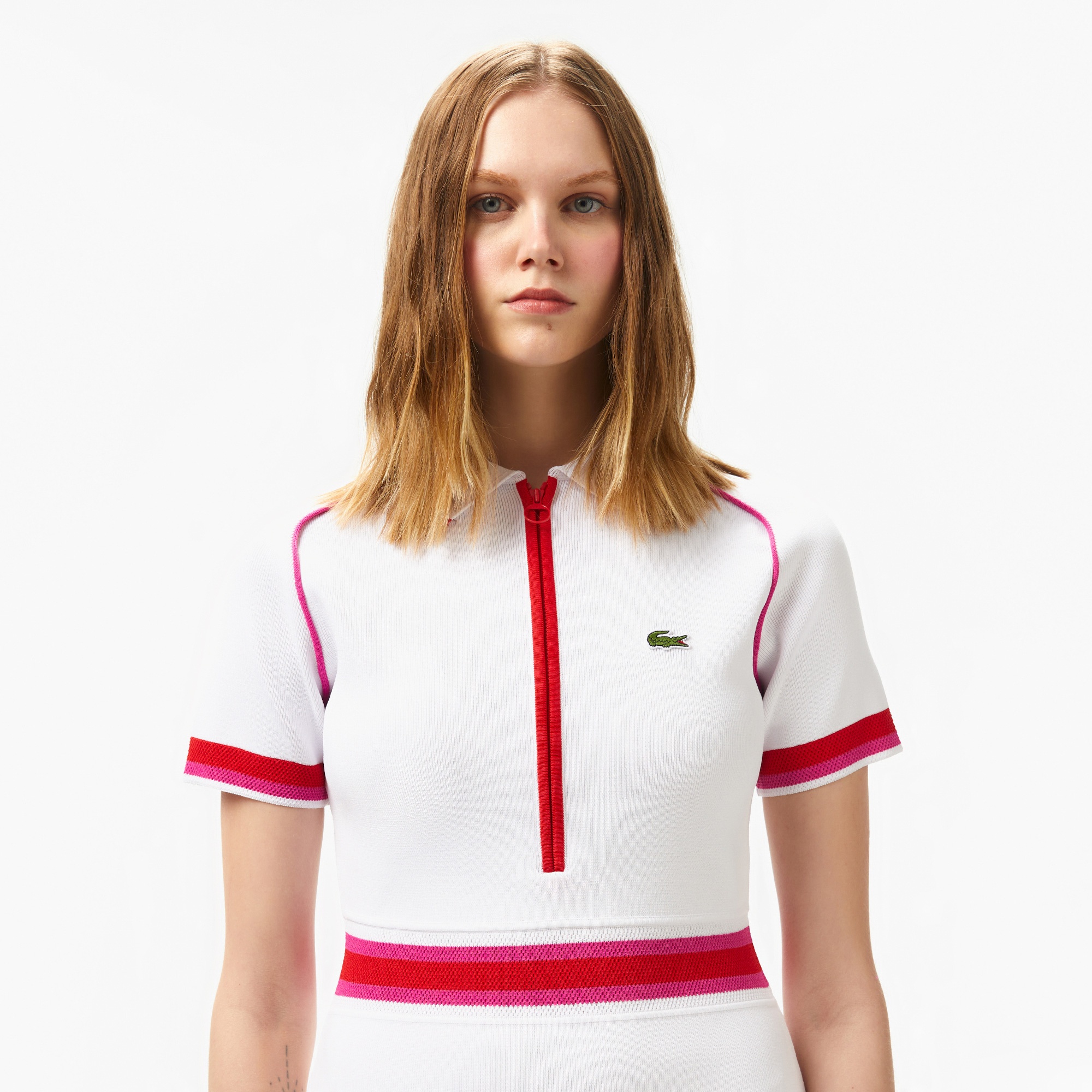 Lacoste Kadın Classic Fit Kısa Kollu Polo Yaka Renk Bloklu Beyaz Elbise