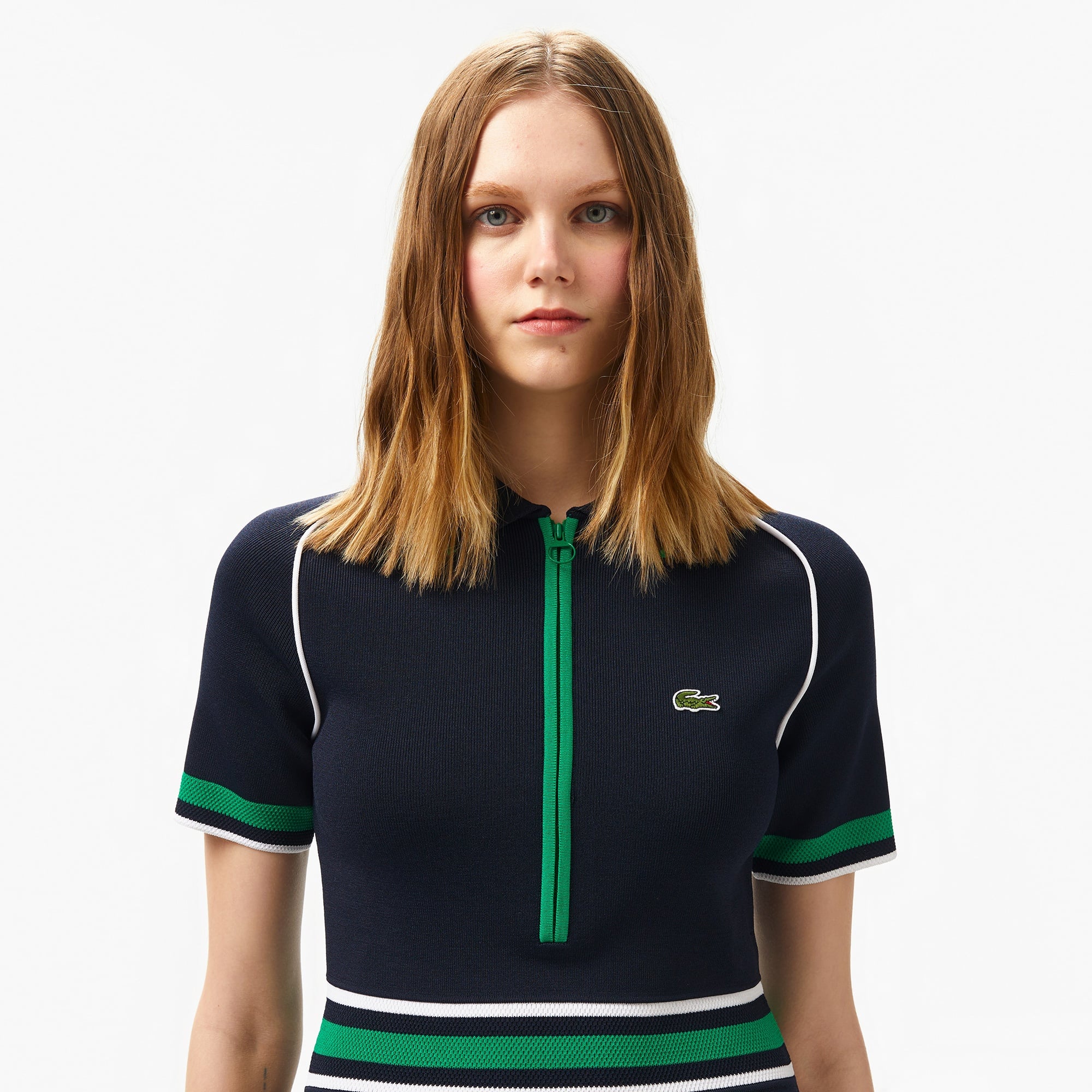 Lacoste Kadın Classic Fit Kısa Kollu Polo Yaka Renk Bloklu Lacivert Elbise